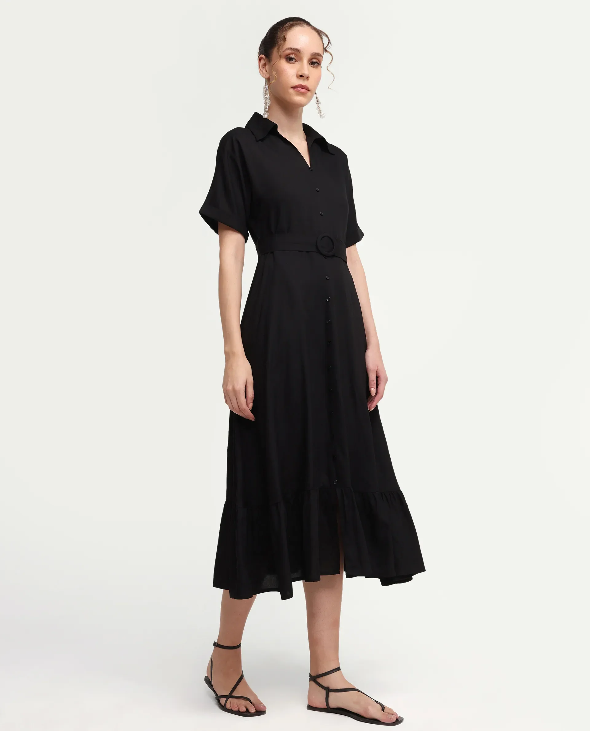 Rareism Women's Elate Black Viscose Half Sleeve A-Line Plain Dress - Image 6