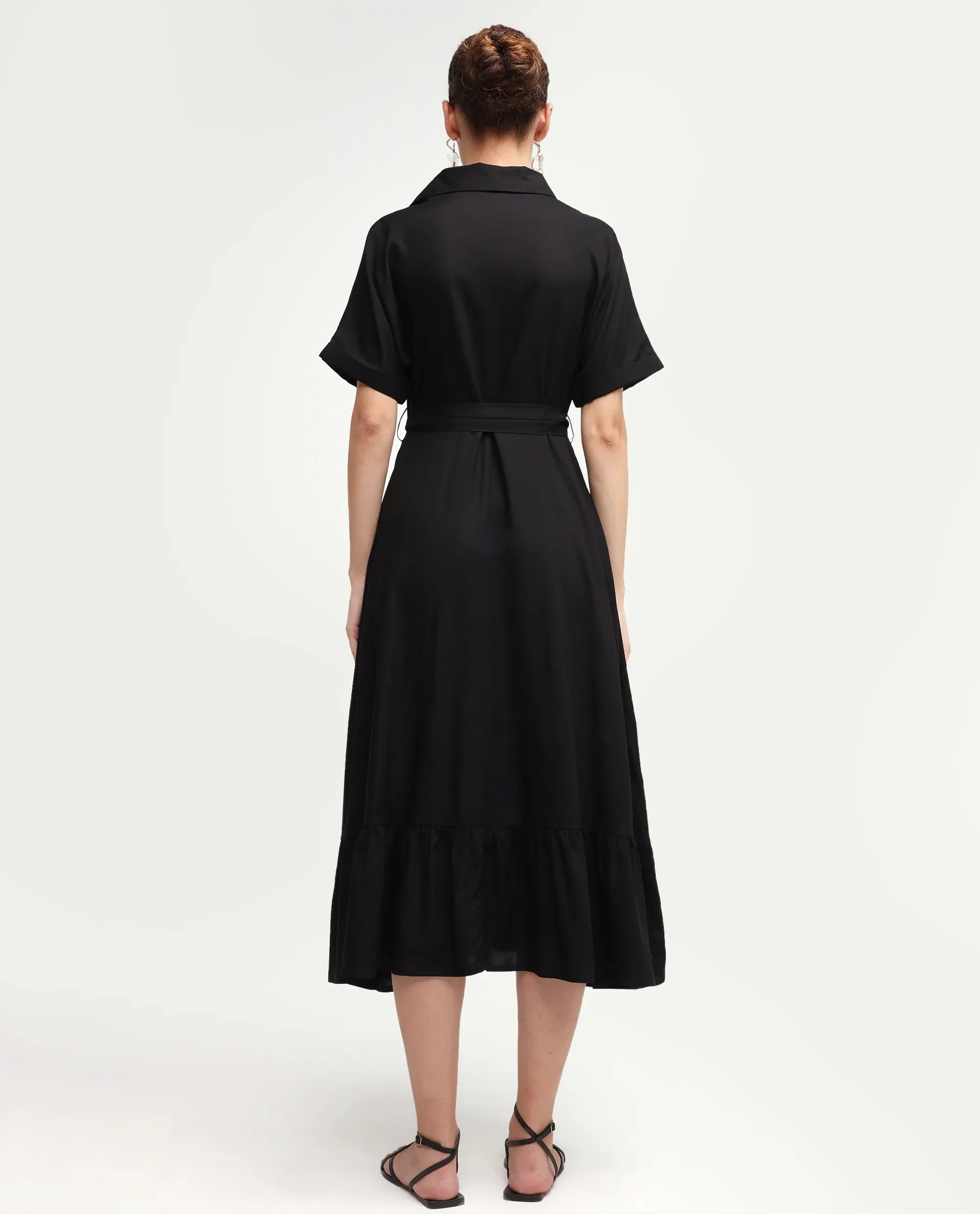 Rareism Women's Elate Black Viscose Half Sleeve A-Line Plain Dress - Image 7