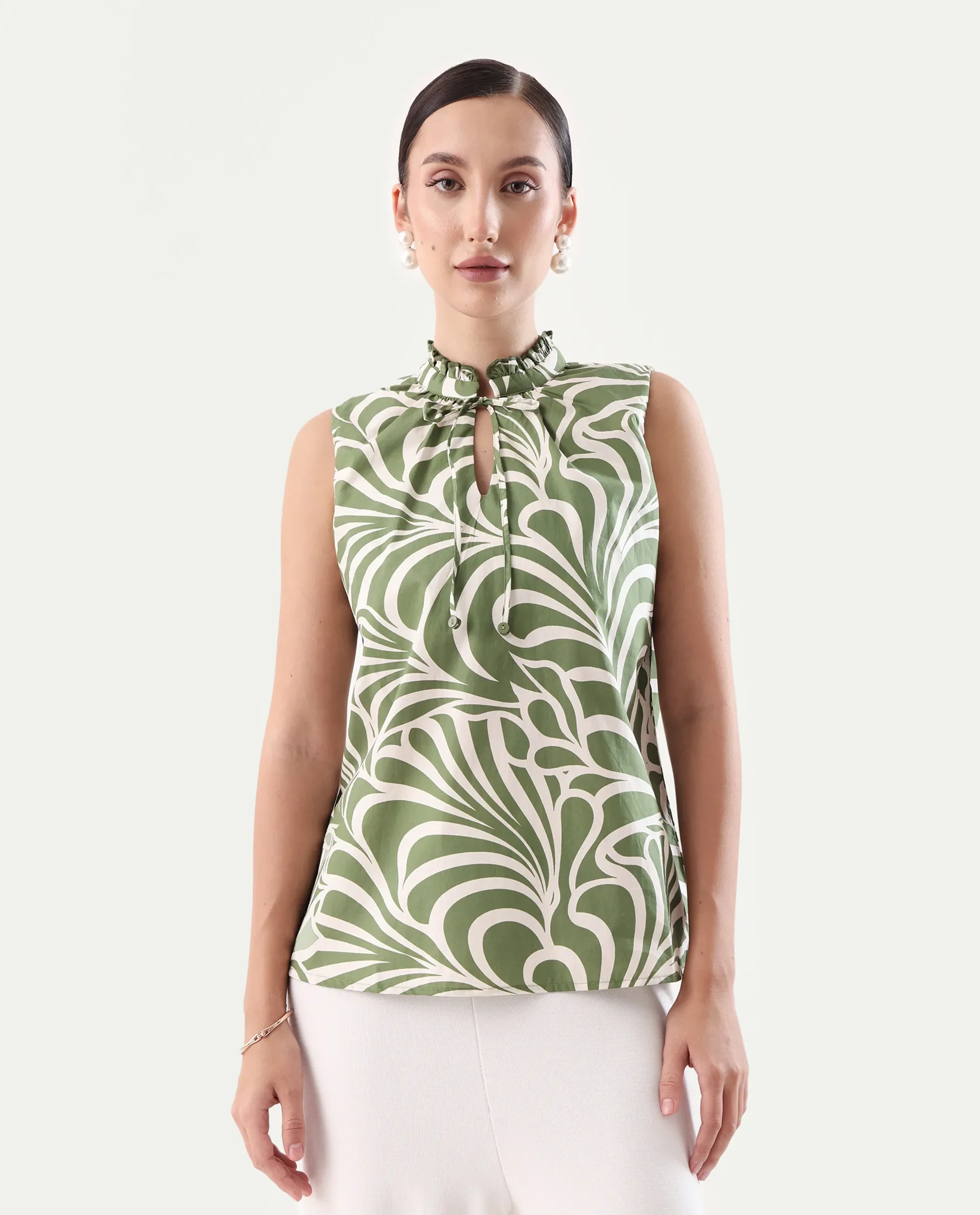 Rareism Women's Elcie Olive Cotton Mandarin Collar Regular Fit Top - Image 2