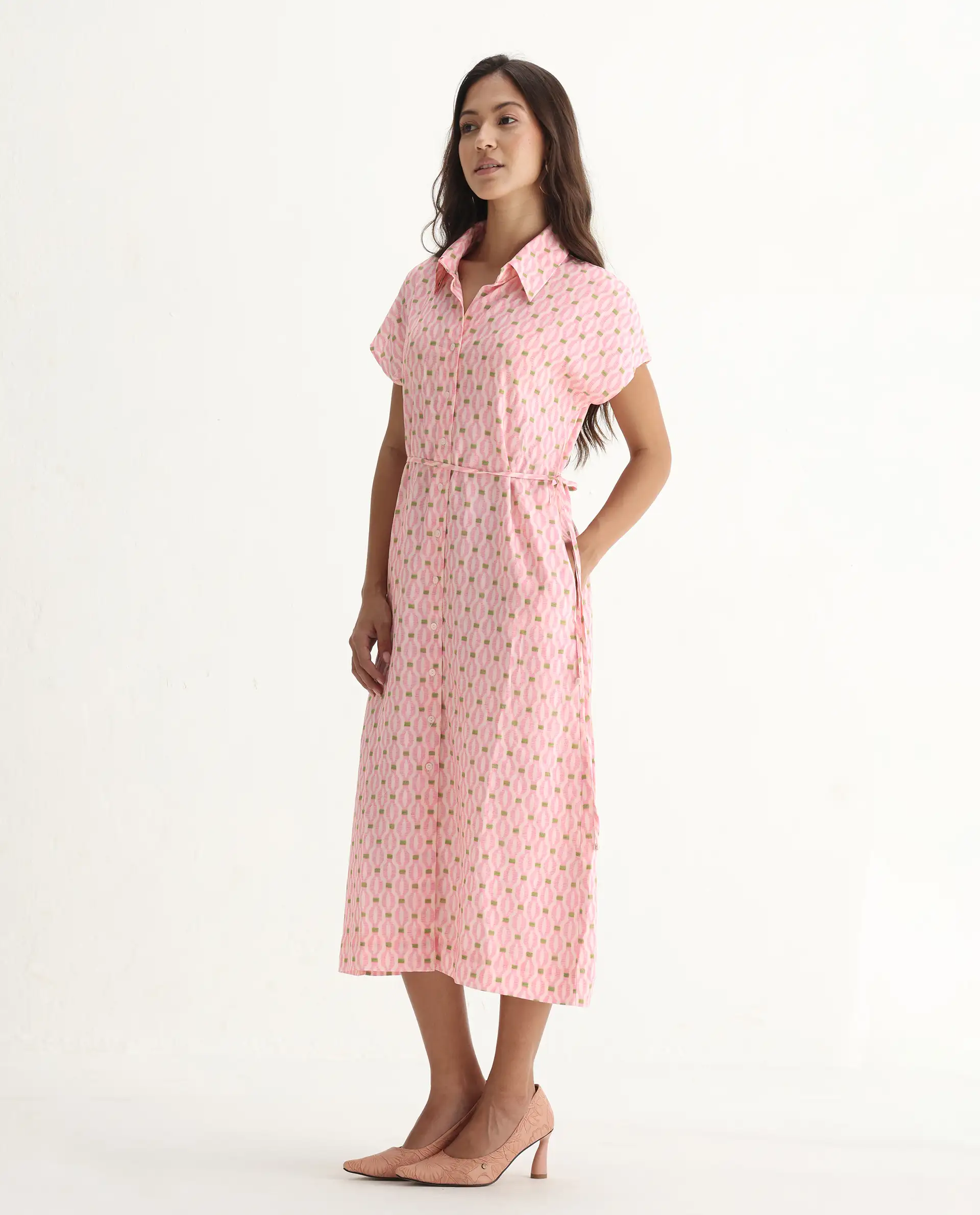 Rareism Women's Eleen Pink Cotton Collared Neck A-Line Printed Midi Dress - Image 6