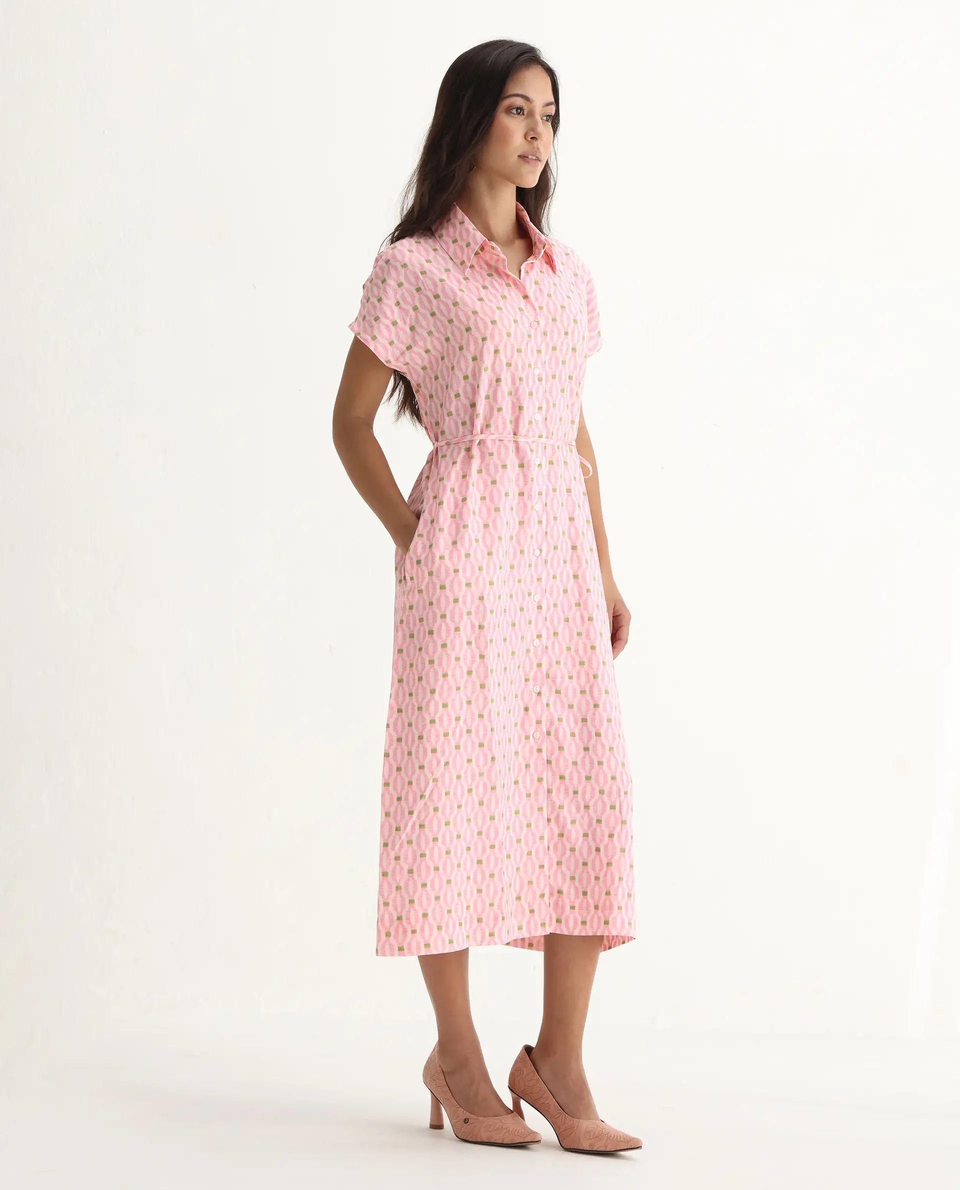 Rareism Women's Eleen Pink Cotton Collared Neck A-Line Printed Midi Dress - Image 7