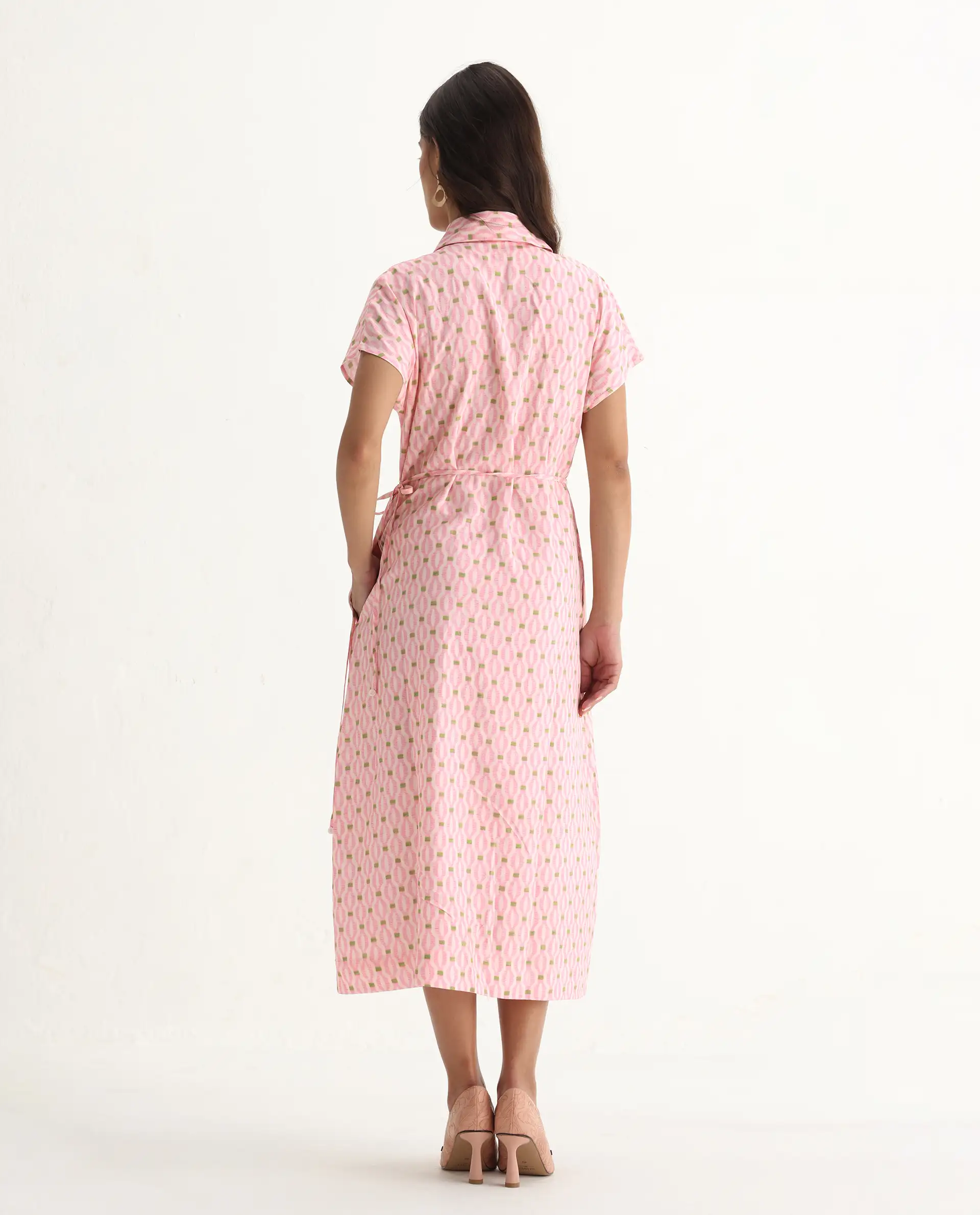 Rareism Women's Eleen Pink Cotton Collared Neck A-Line Printed Midi Dress - Image 8