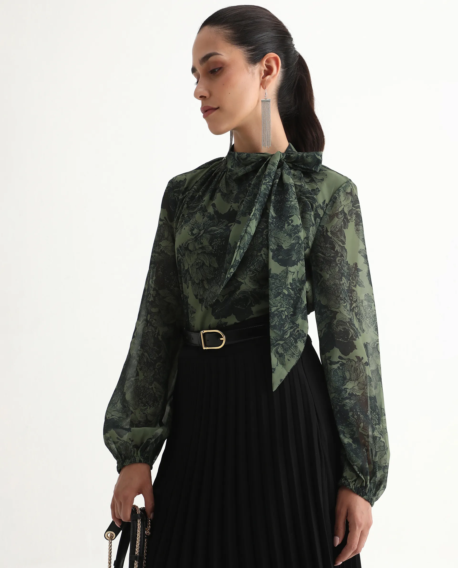 Rareism Women's Eleth Dark Green Polyester Bishop Sleeve Tie-Up Neck Regular Fit Top