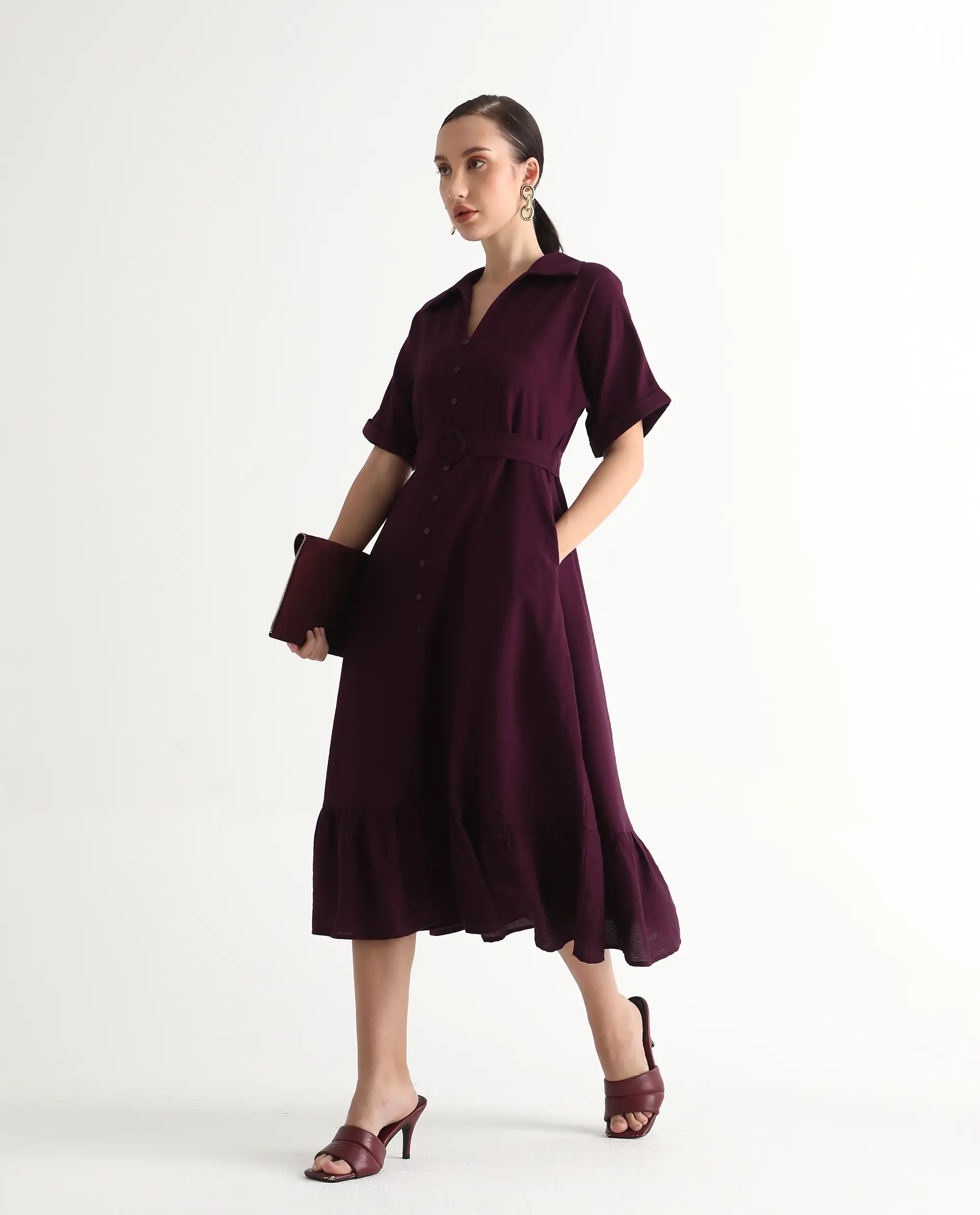 Rareism Women's Elhan Maroon Polyester Extended Sleeves Jonny Collar A-Line Fit Plain Midi Dress