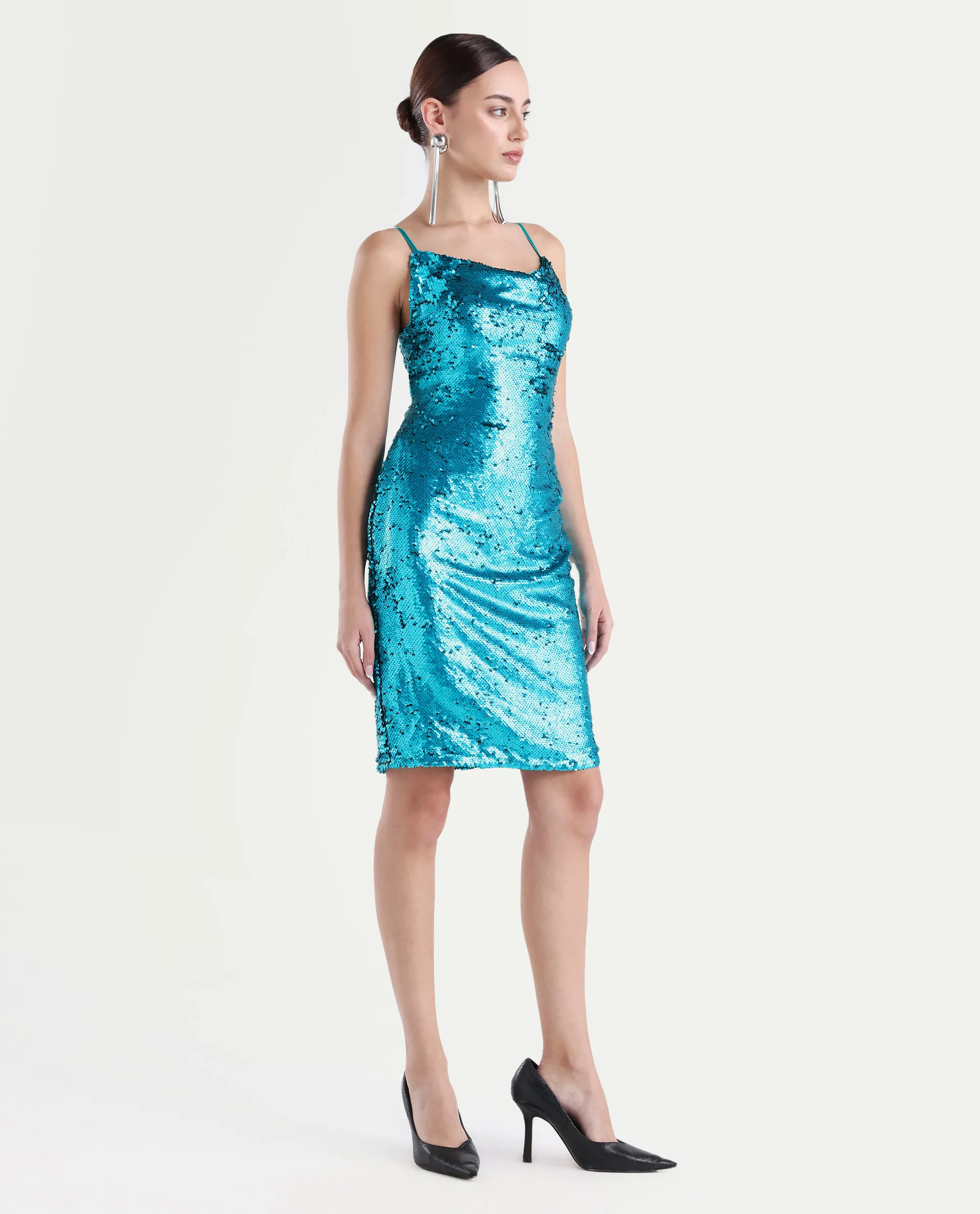Rareism Women's Elsa Sheen Blue Polyester Cowl Neck Sequined Shoulder Strap Knee Length Regular Fit Dress - Image 6