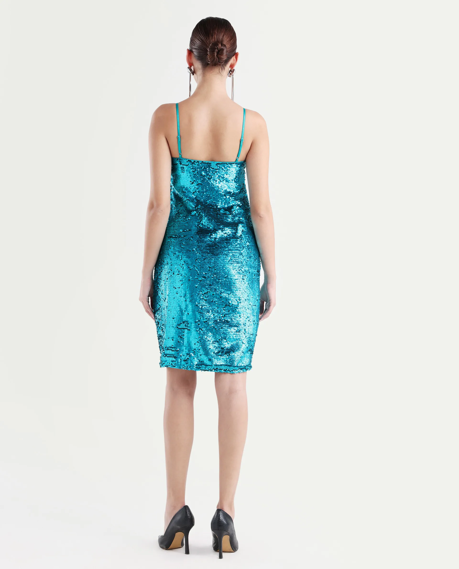 Rareism Women's Elsa Sheen Blue Polyester Cowl Neck Sequined Shoulder Strap Knee Length Regular Fit Dress - Image 7
