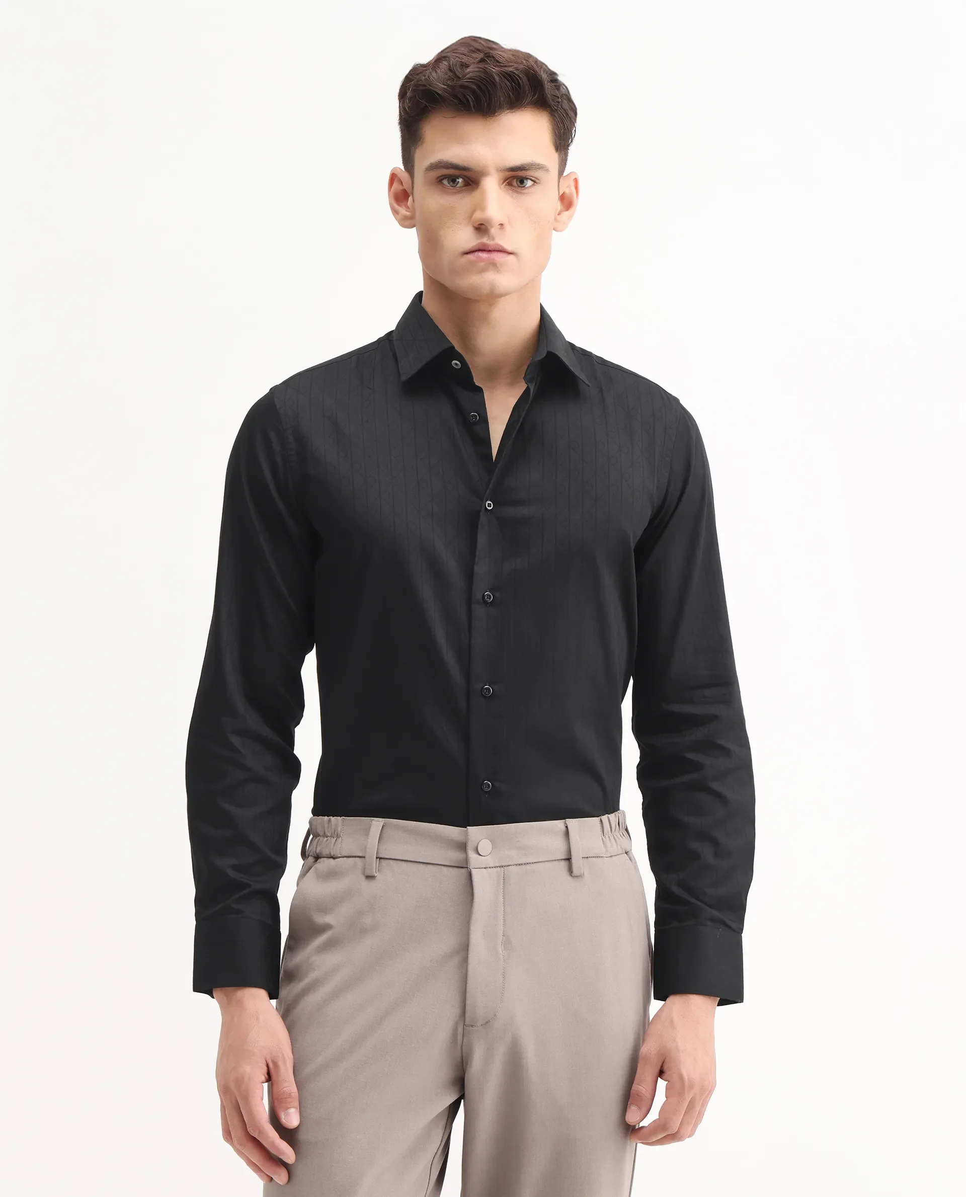 Rare Rabbit Men's Embon Black Cotton Jacquard Regular Fit Full Sleeve Collared Shirt - Image 11