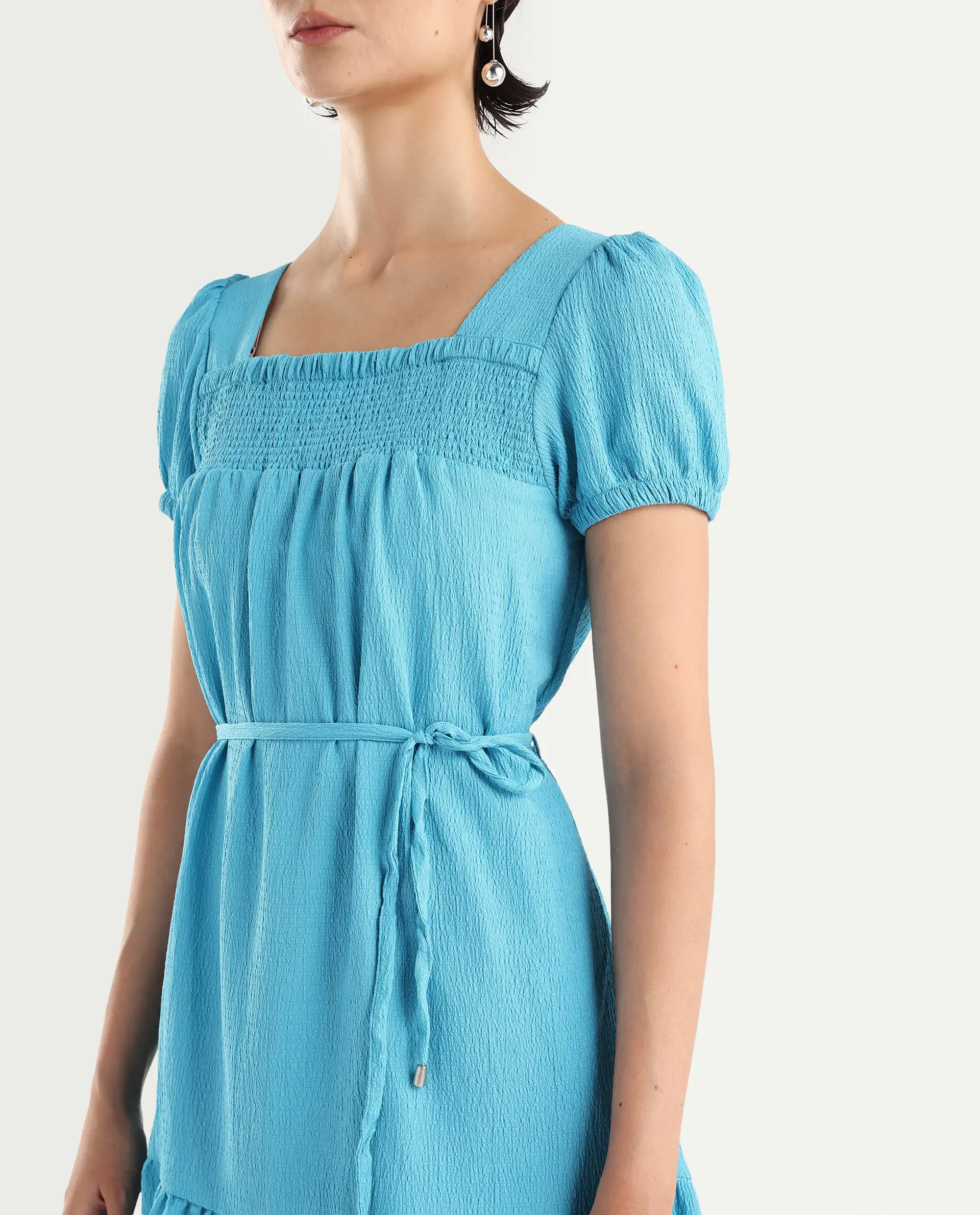 Rareism Women's Empress Blue Viscose Square Neck Plain Puff Sleeves Knee Length Regular Fit Dress - Image 3