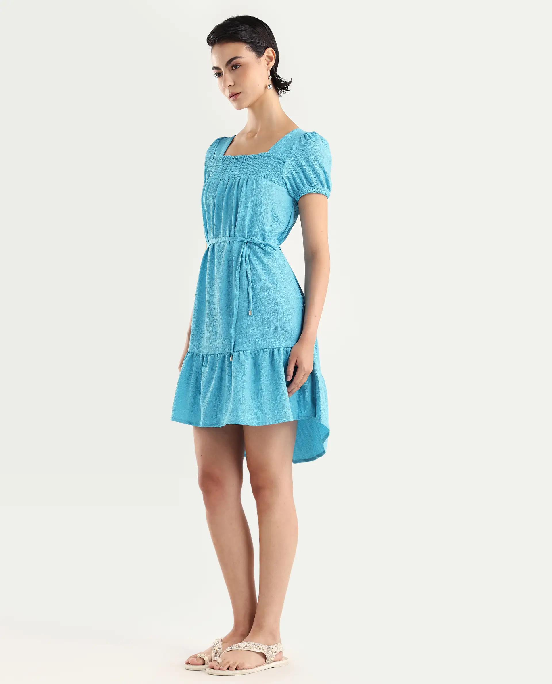Rareism Women's Empress Blue Viscose Square Neck Plain Puff Sleeves Knee Length Regular Fit Dress - Image 5
