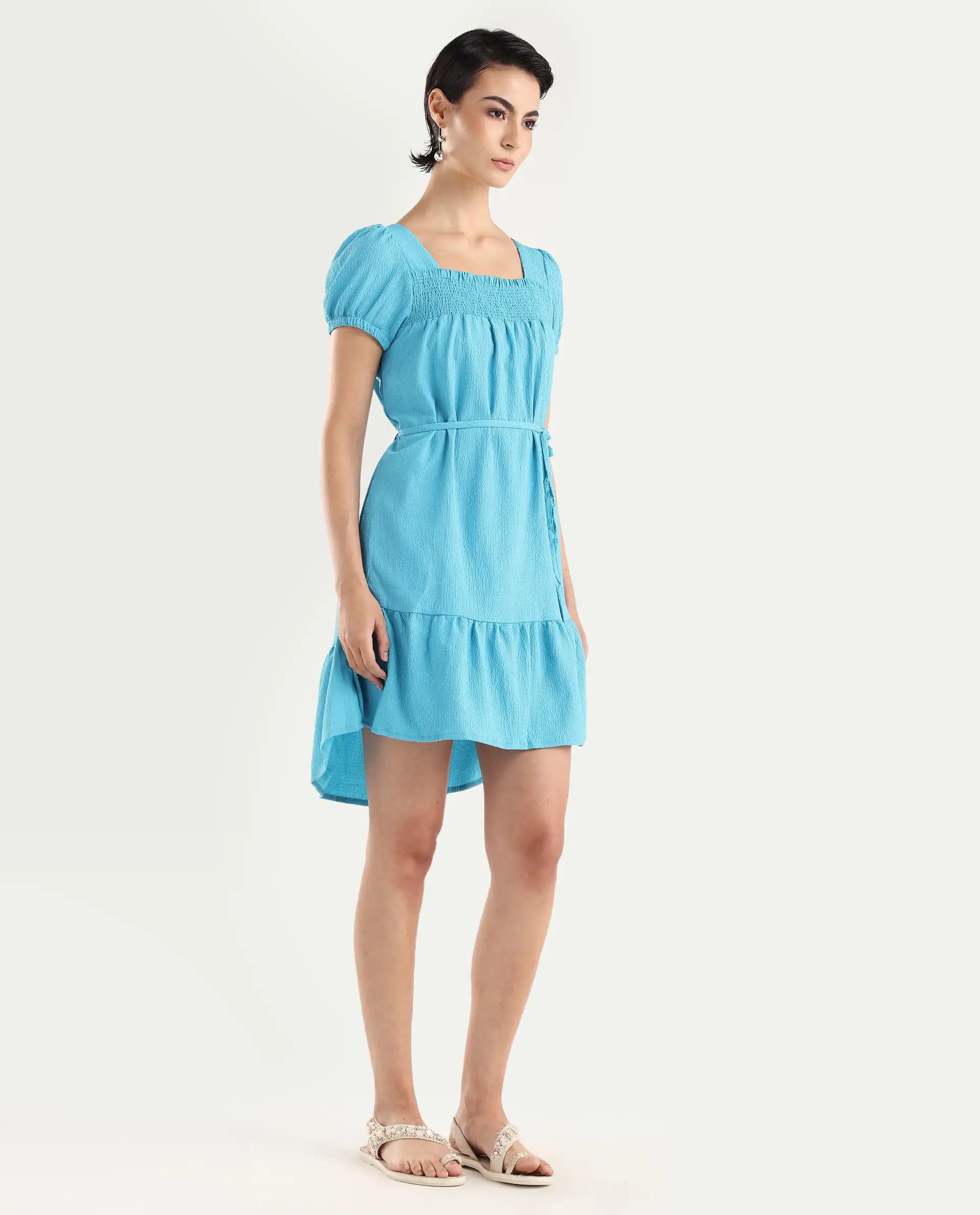 Rareism Women's Empress Blue Viscose Square Neck Plain Puff Sleeves Knee Length Regular Fit Dress - Image 6