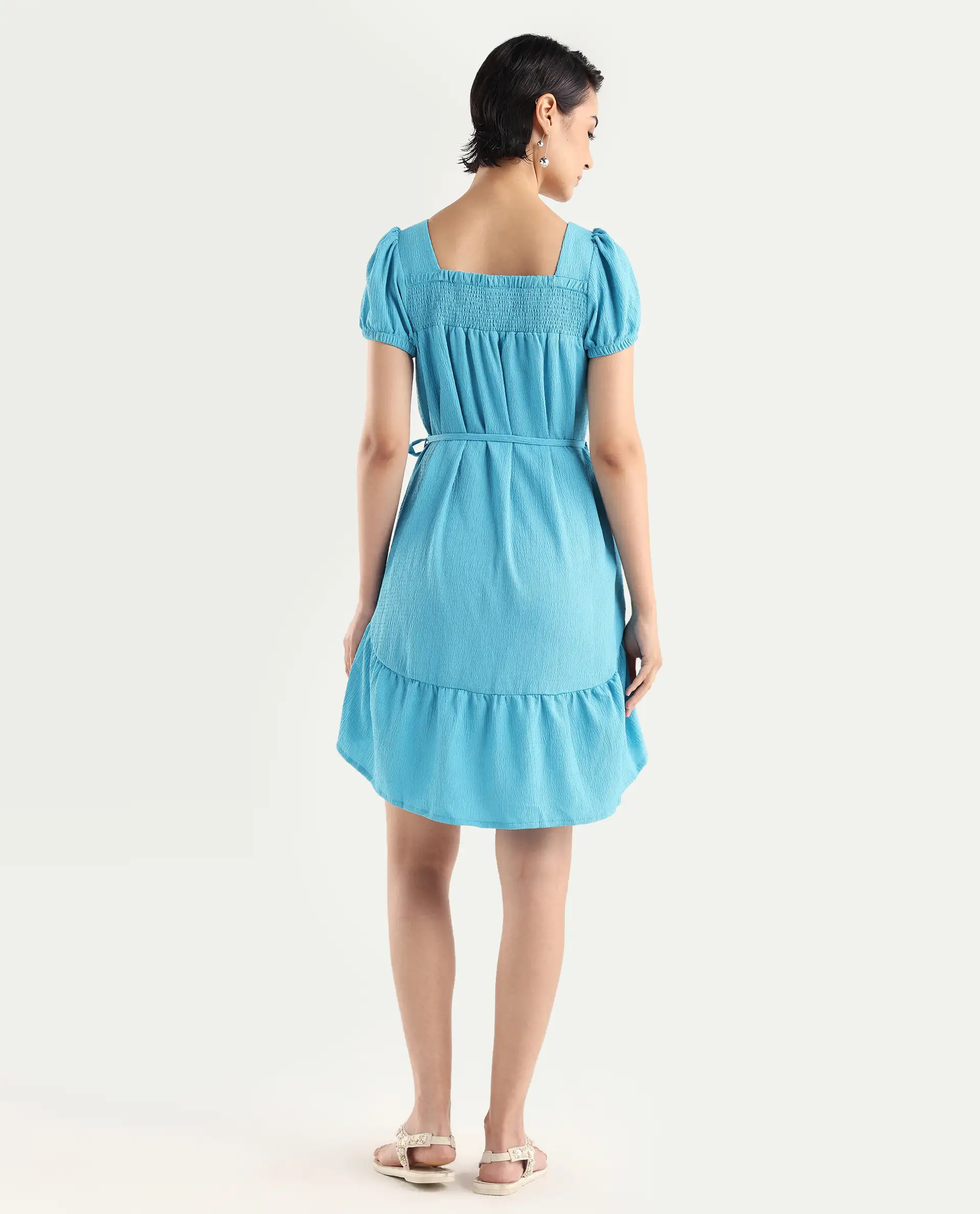 Rareism Women's Empress Blue Viscose Square Neck Plain Puff Sleeves Knee Length Regular Fit Dress - Image 7