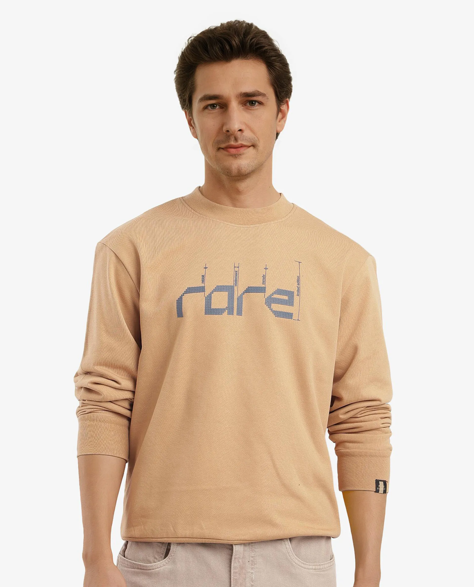 Rare Rabbit Men's Emry Mustard Cotton Blend Graphic Print Regular Fit Full Sleeve Crew Neck Sweatshirt