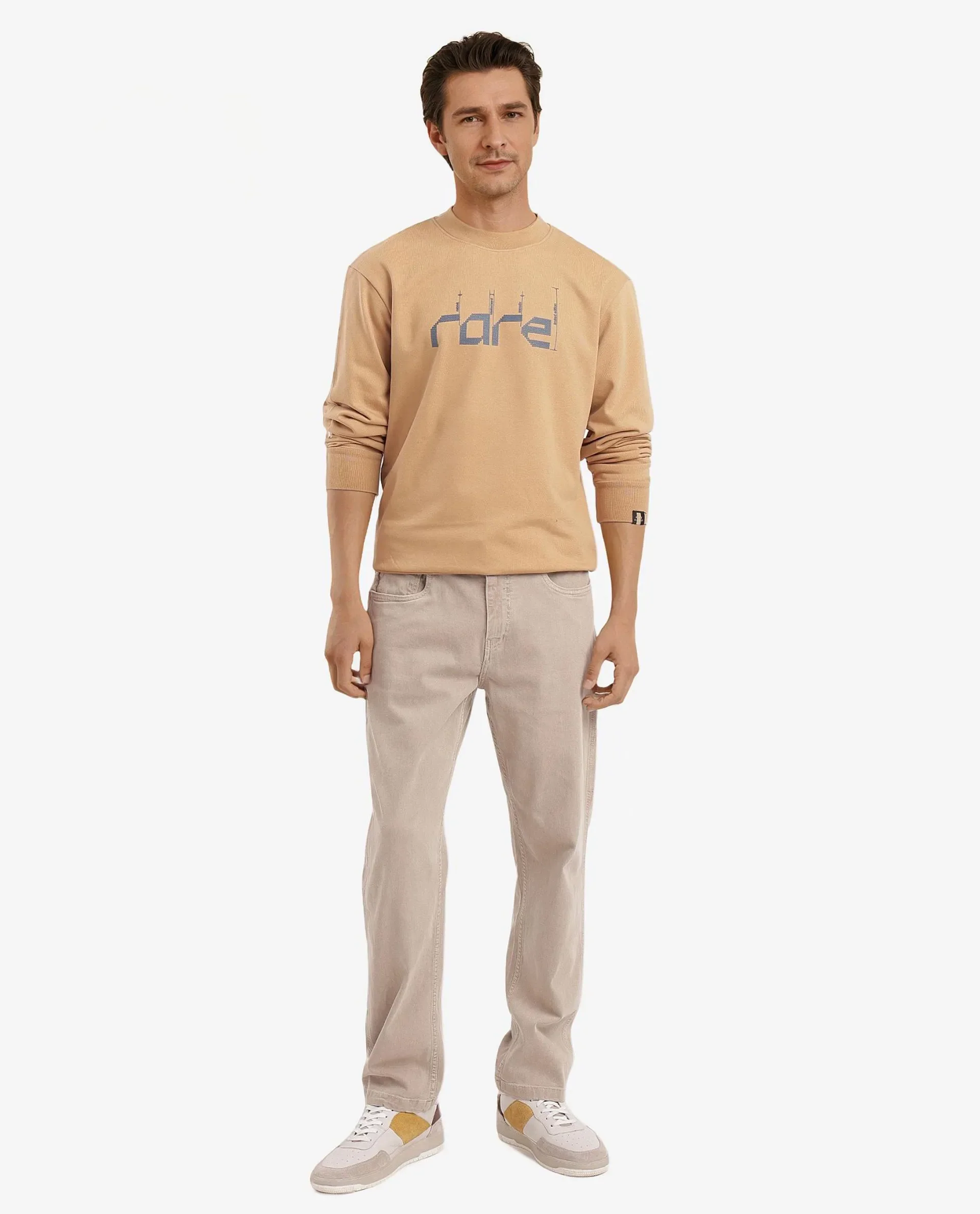 Rare Rabbit Men's Emry Mustard Cotton Blend Graphic Print Regular Fit Full Sleeve Crew Neck Sweatshirt - Image 2