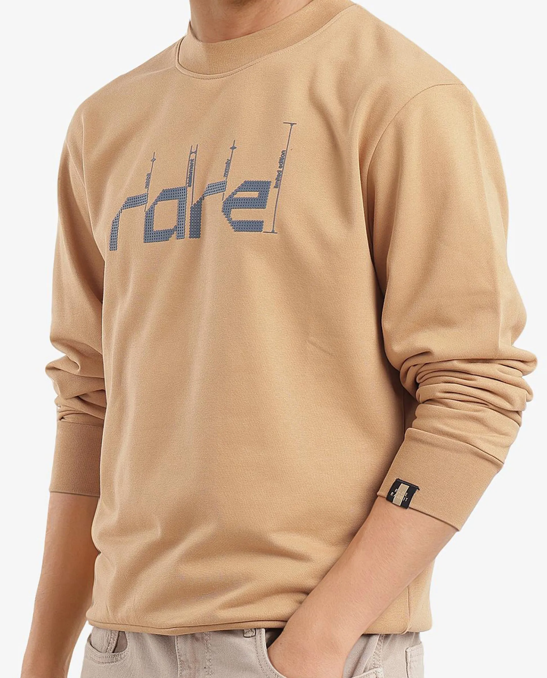Rare Rabbit Men's Emry Mustard Cotton Blend Graphic Print Regular Fit Full Sleeve Crew Neck Sweatshirt - Image 3