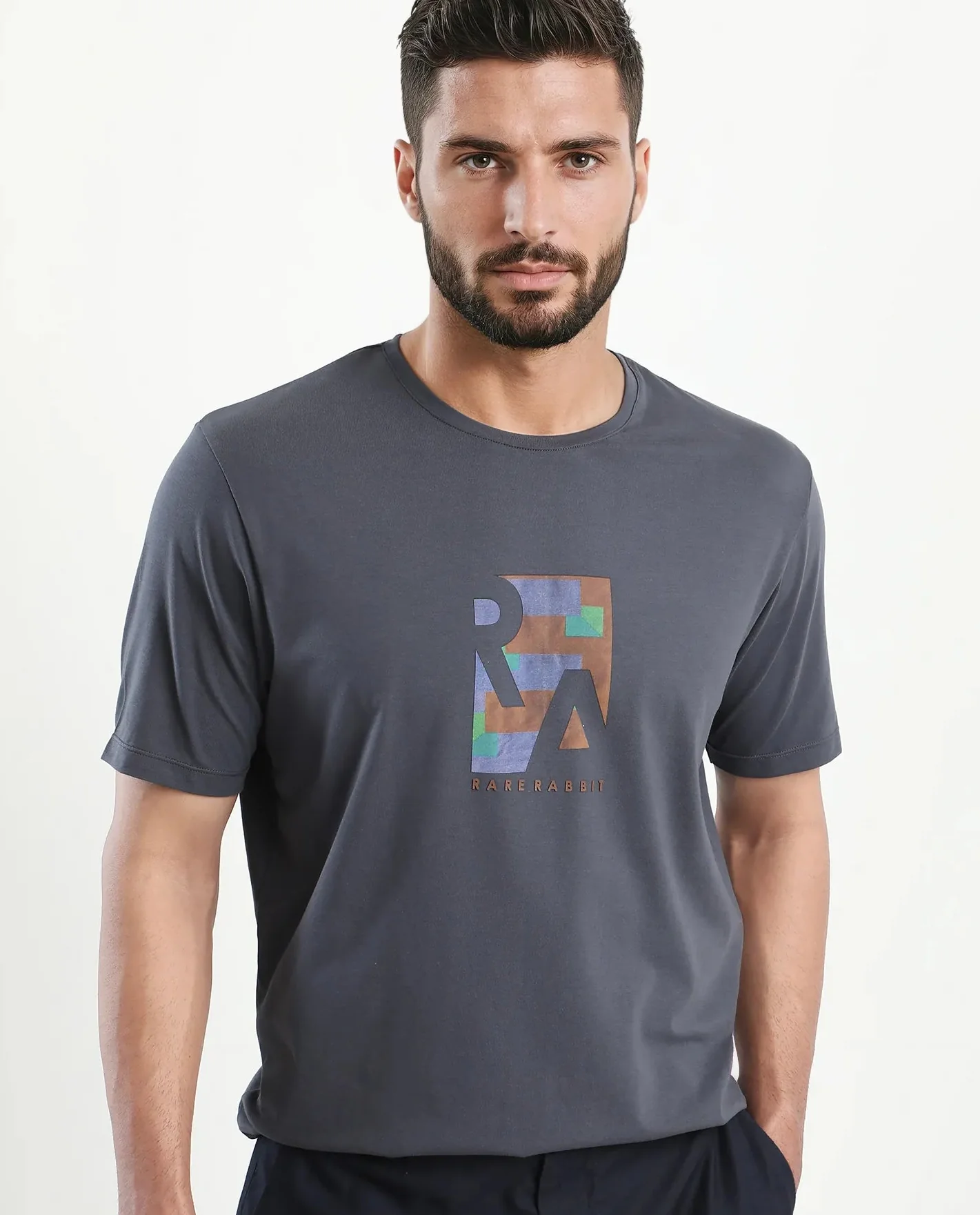 Rare Rabbit Men's Ene Dark Grey Cotton Blend Graphic Print Regular Fit Half Sleeve Crew Neck T-Shirt