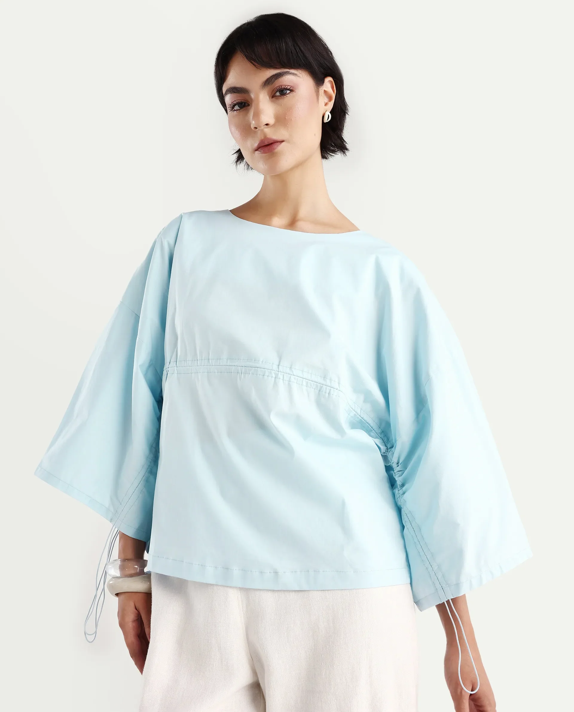 Rareism Women's Eniv Light Blue Cotton Blend Crew Neck Plain Extended Sleeves Regular Fit Top