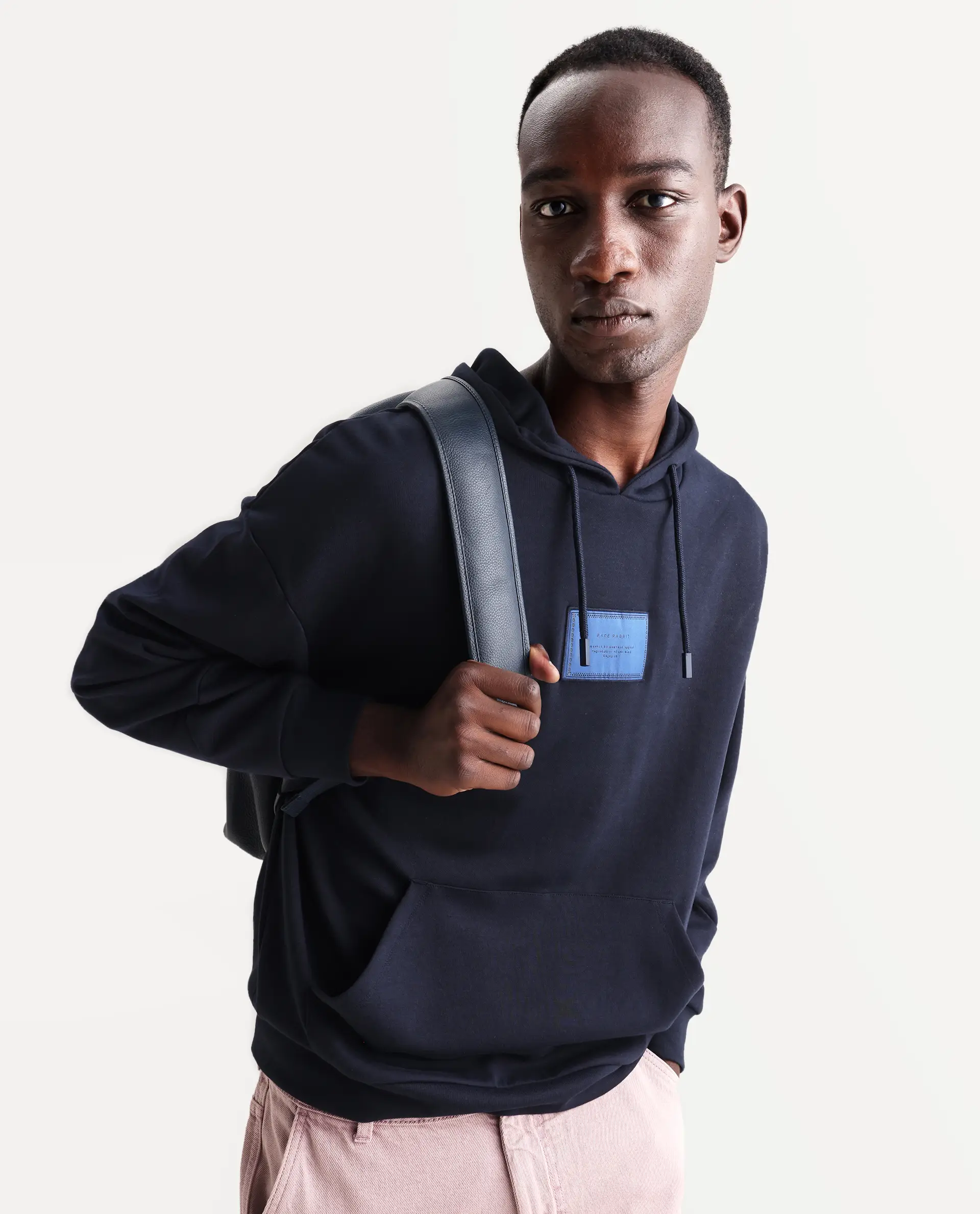 Rare Rabbit Men's Enoch Navy Cotton Blend Plain Boxy Fit Full Sleeve Hooded Sweatshirt