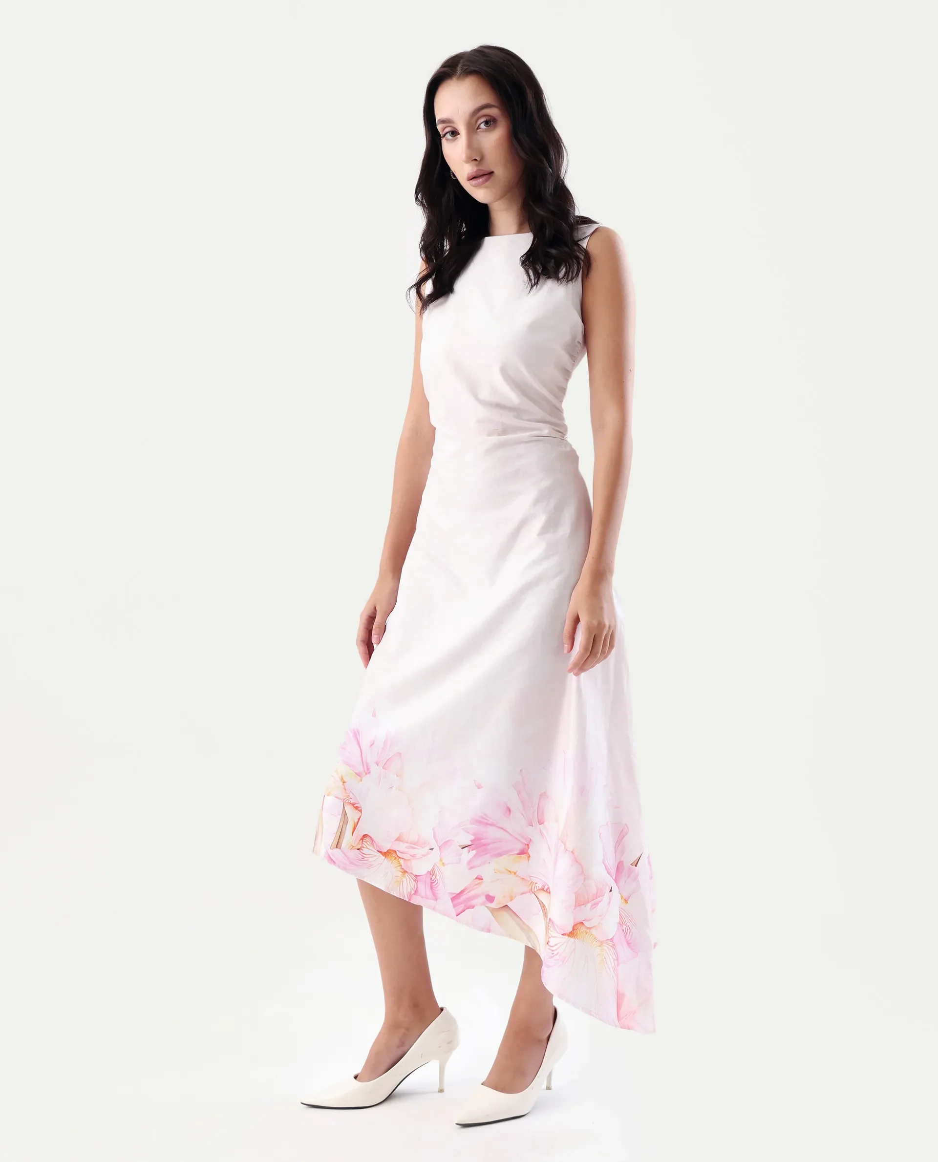 Rareism Women's Epata Off White Cotton Boat Neck Printed Sleeveless Midi Regular Fit Dress
