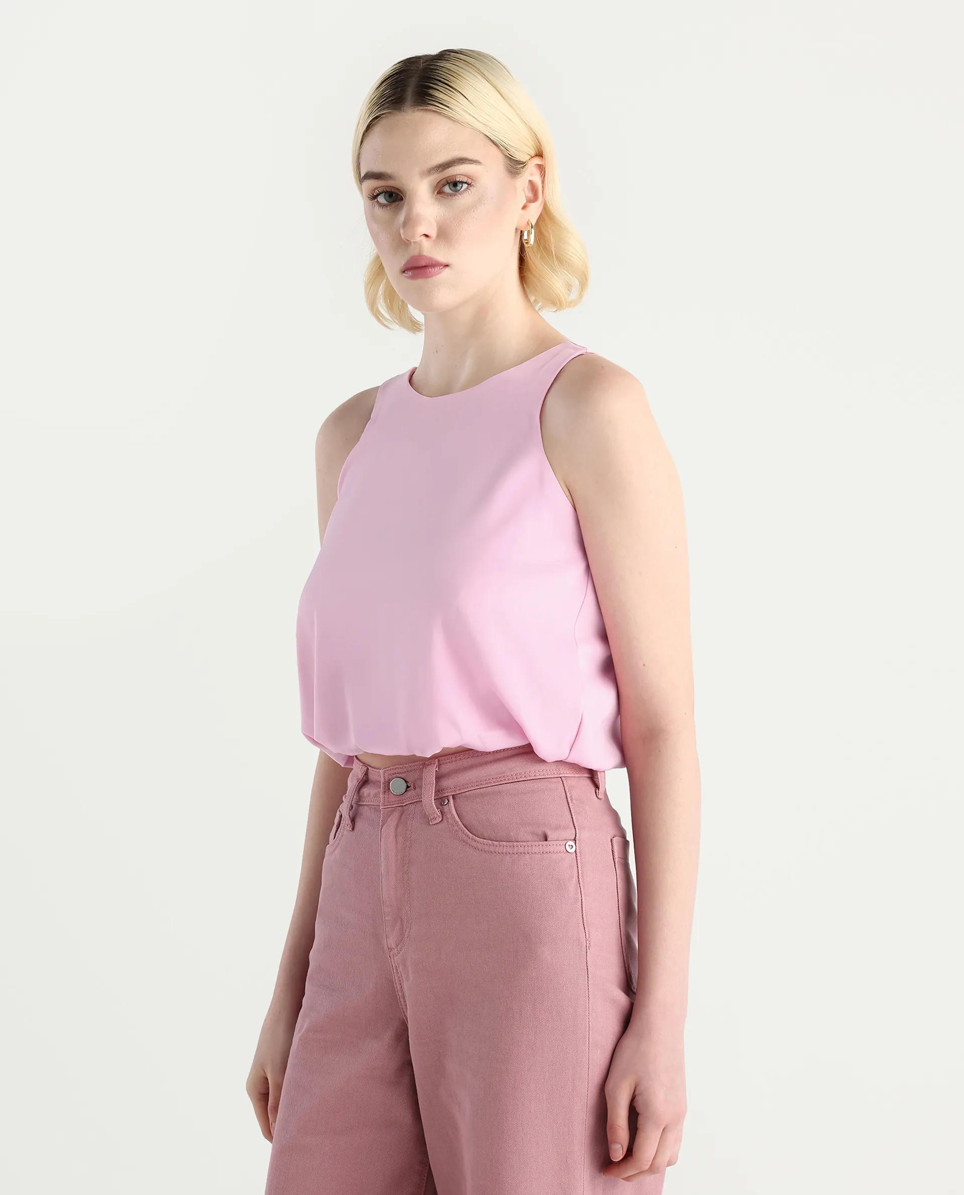 Rareism Women's Epfixo Pink Satin Crew Neck Plain Sleeveless Crop Regular Fit Top - Image 5