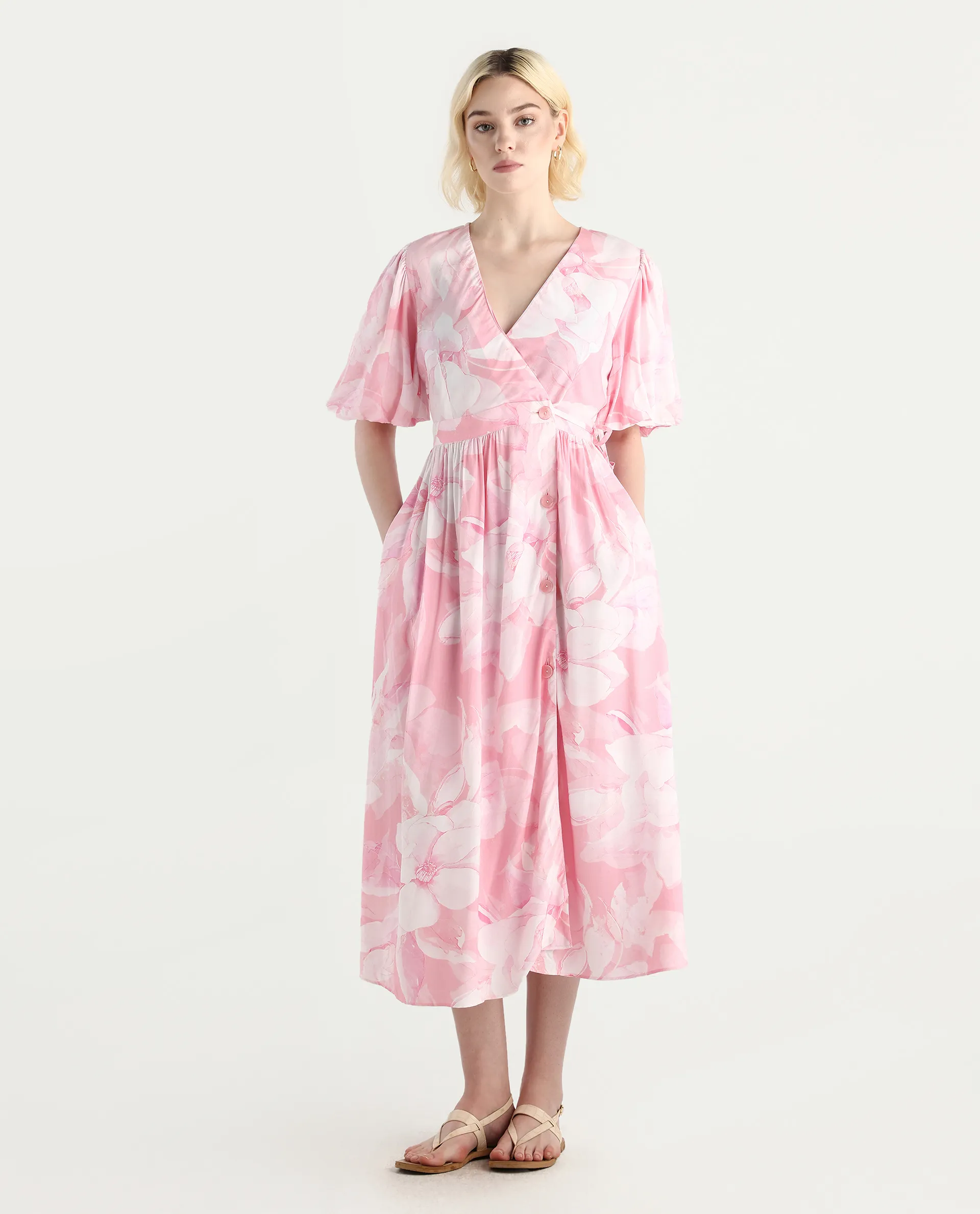 Rareism Women's Epleo Light Pink Viscose V-Neck Printed Balloon Sleeve Midi Regular Fit Dress - Image 2
