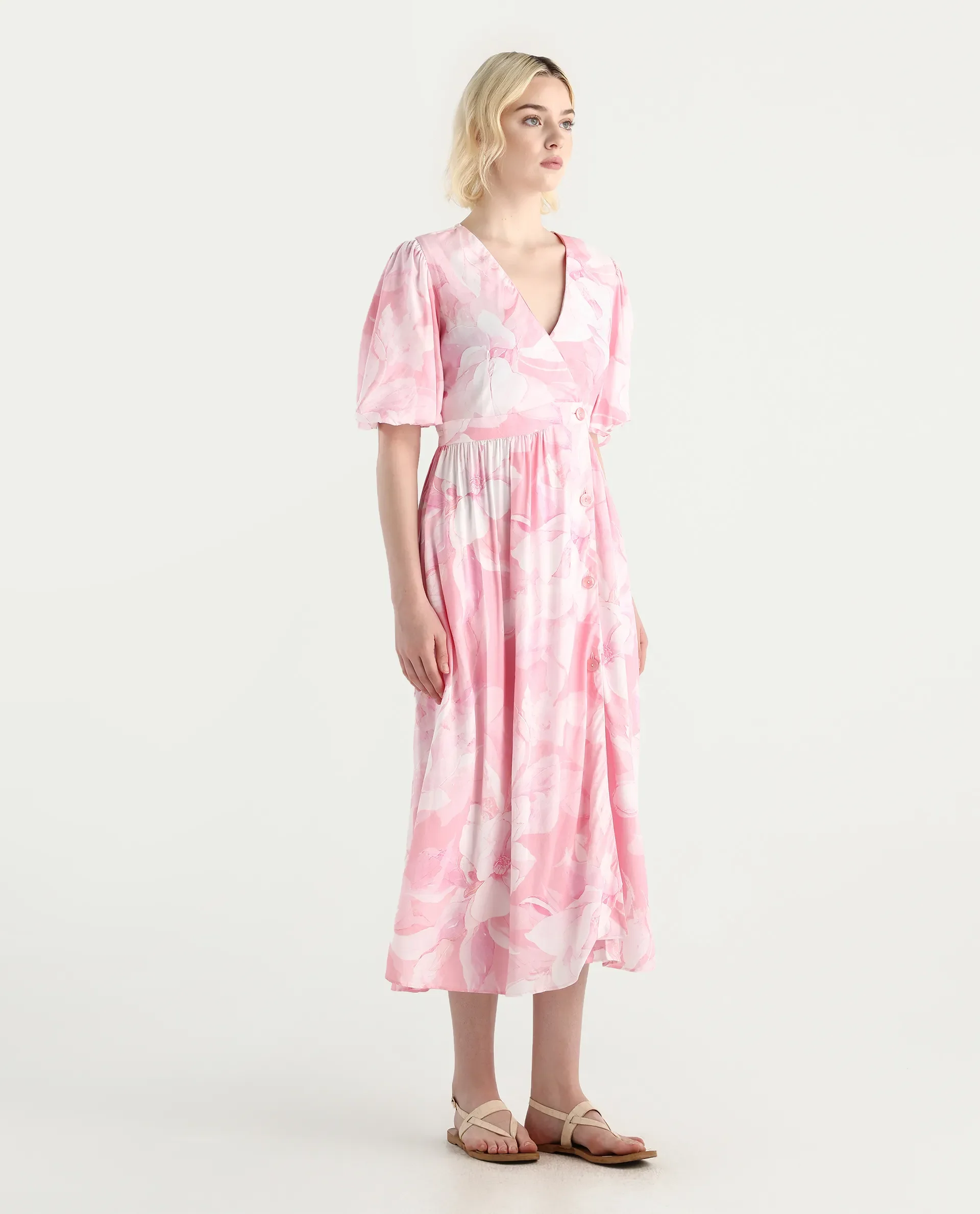 Rareism Women's Epleo Light Pink Viscose V-Neck Printed Balloon Sleeve Midi Regular Fit Dress - Image 6