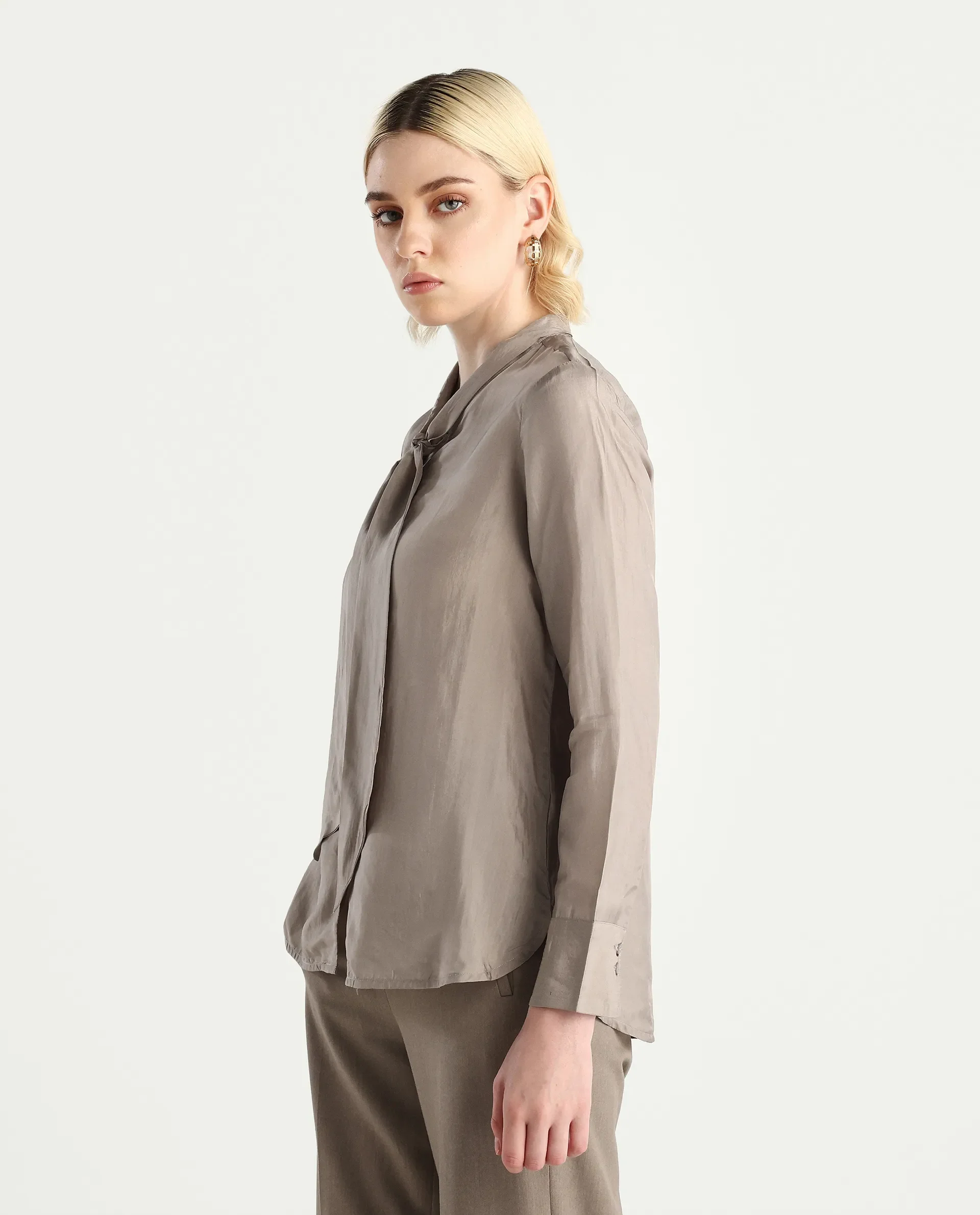 Rareism Women's Epoam Grey Polyester Plain Cuffed Sleeve Regular Fit Shirt - Image 5
