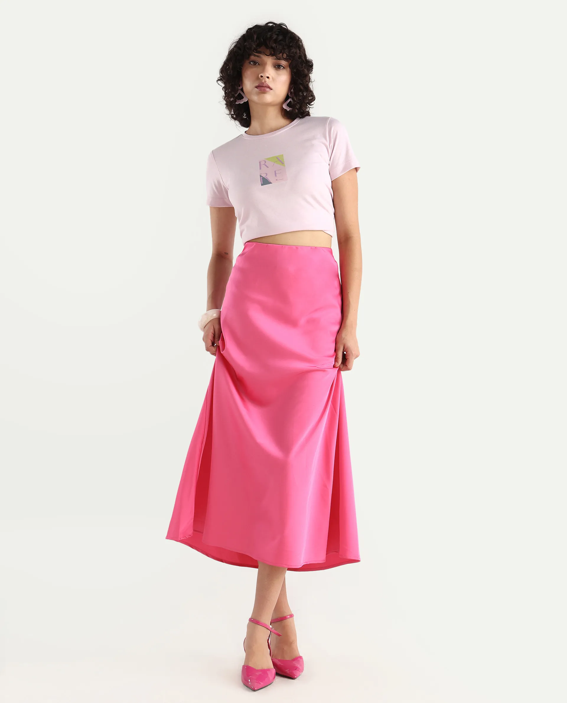 Rareism Women's Eprim Pink Satin Plain Maxi A-Line Skirt - Image 2