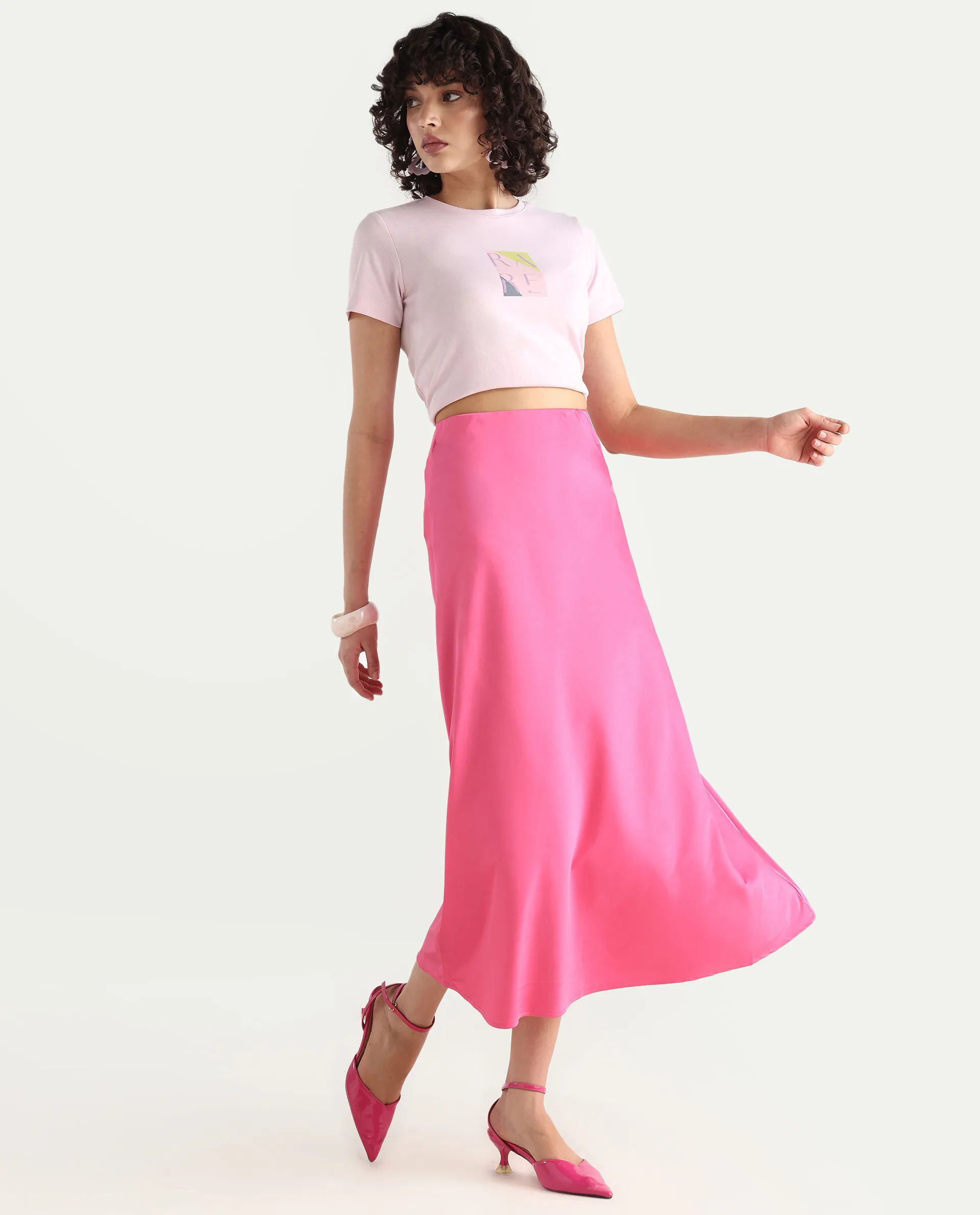 Rareism Women's Eprim Pink Satin Plain Maxi A-Line Skirt - Image 3