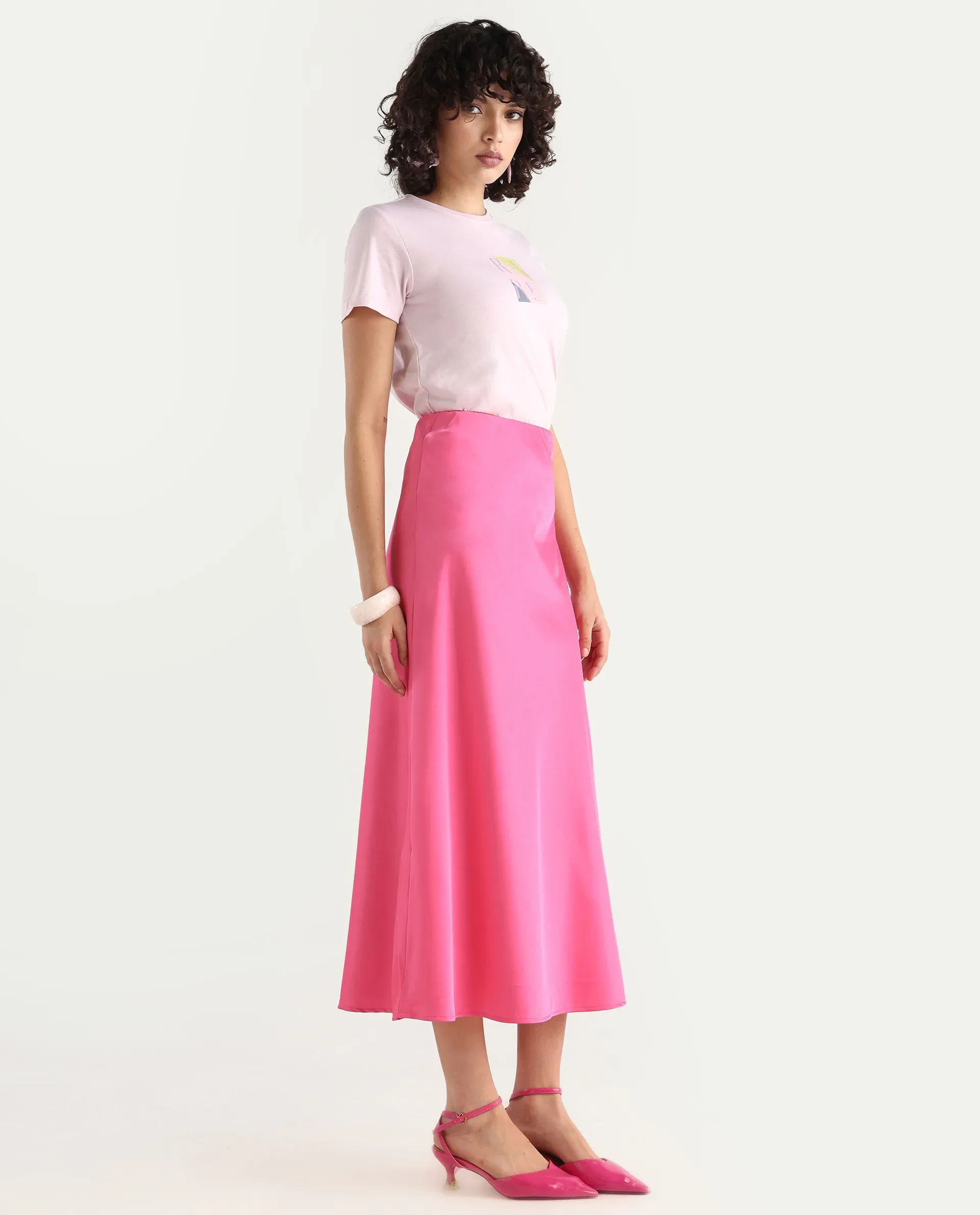 Rareism Women's Eprim Pink Satin Plain Maxi A-Line Skirt - Image 6