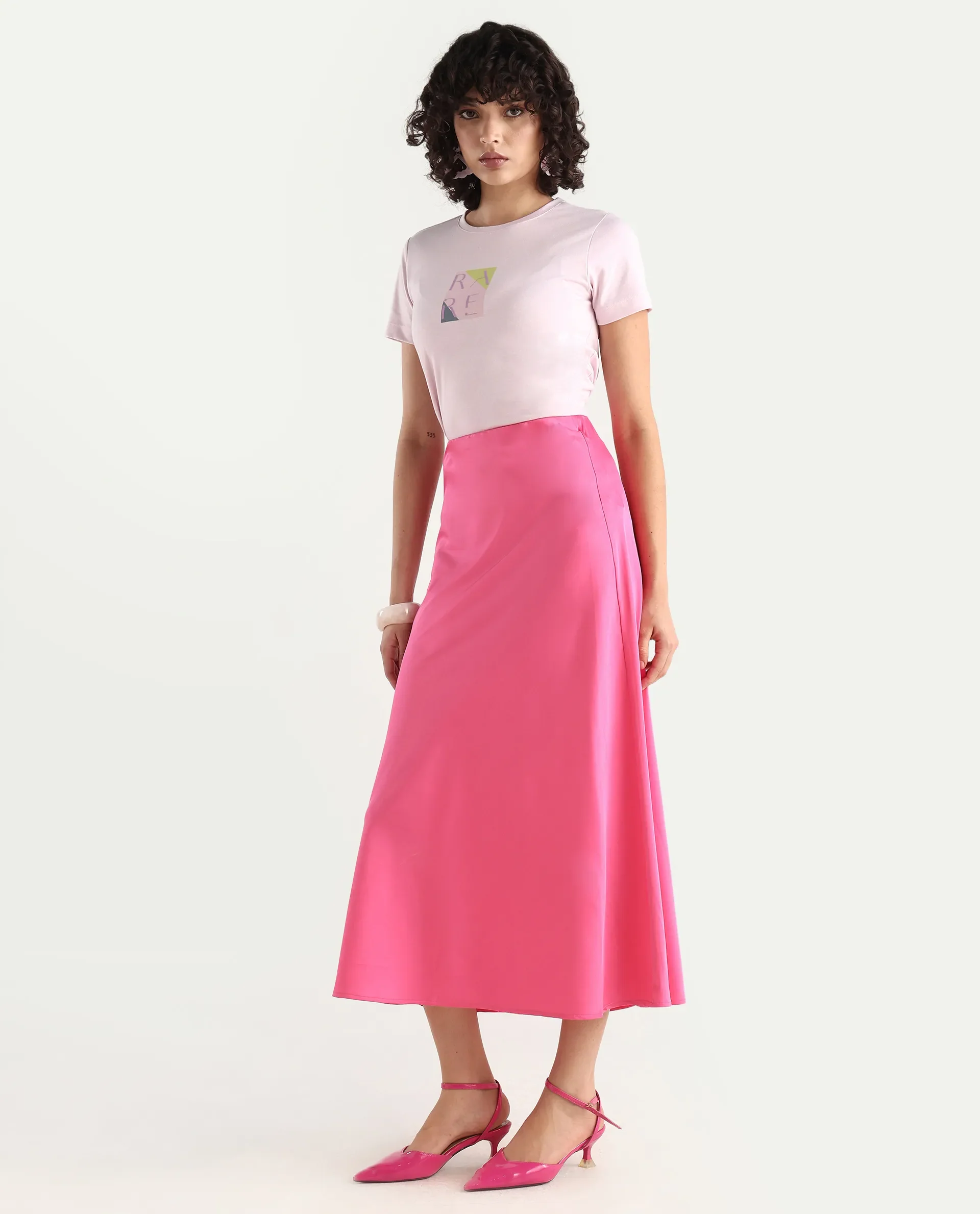 Rareism Women's Eprim Pink Satin Plain Maxi A-Line Skirt - Image 7