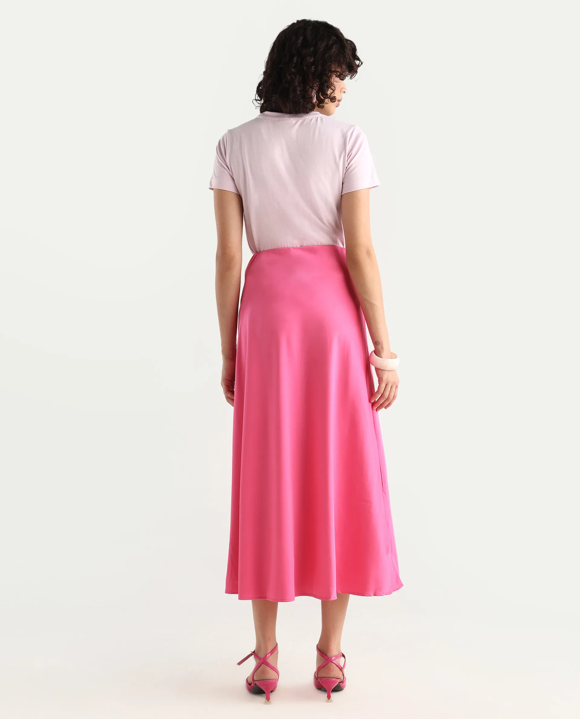 Rareism Women's Eprim Pink Satin Plain Maxi A-Line Skirt - Image 8