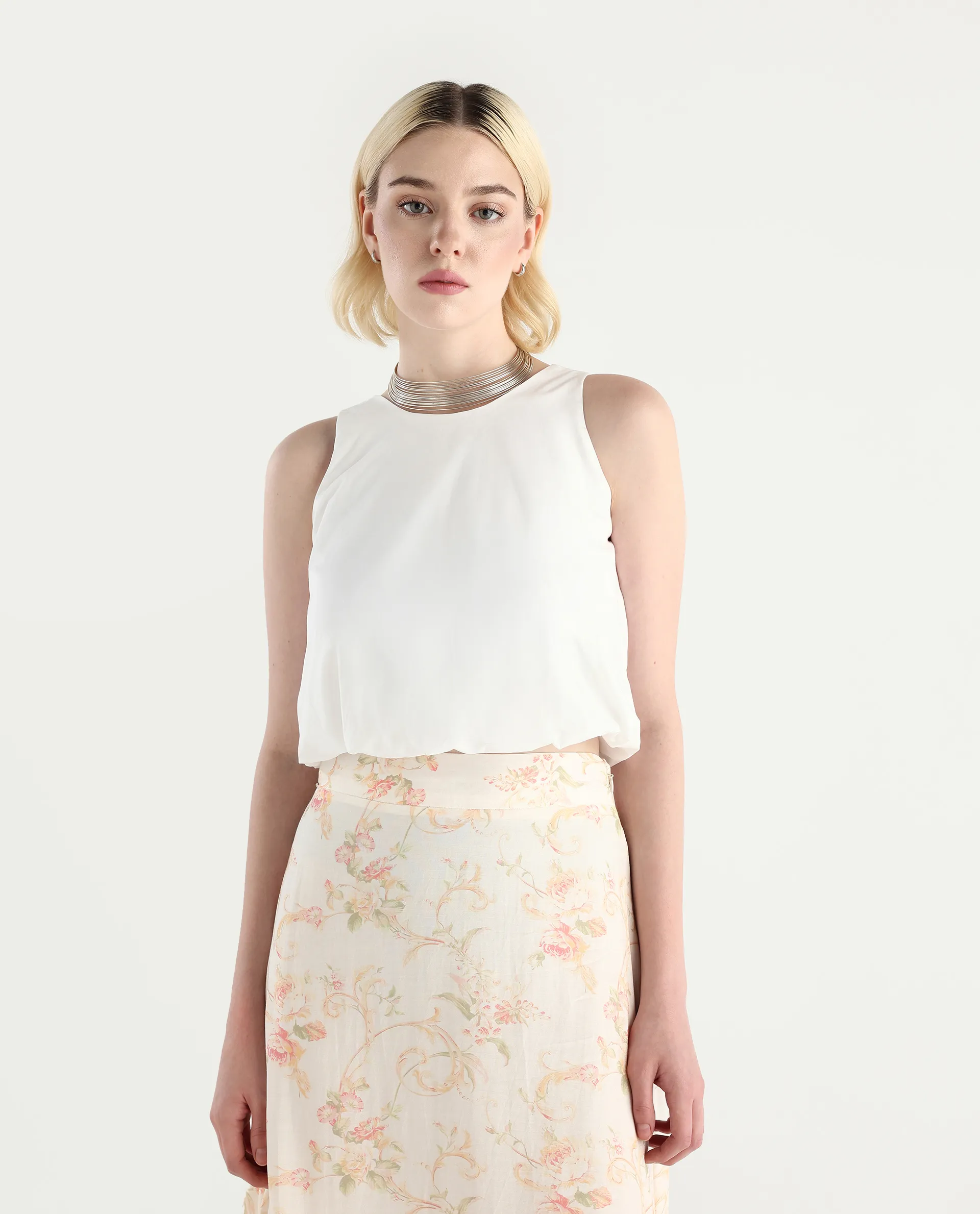 Rareism Women's Eptic White Cotton Blend Plain Sleeveless Crop Regular Fit Top