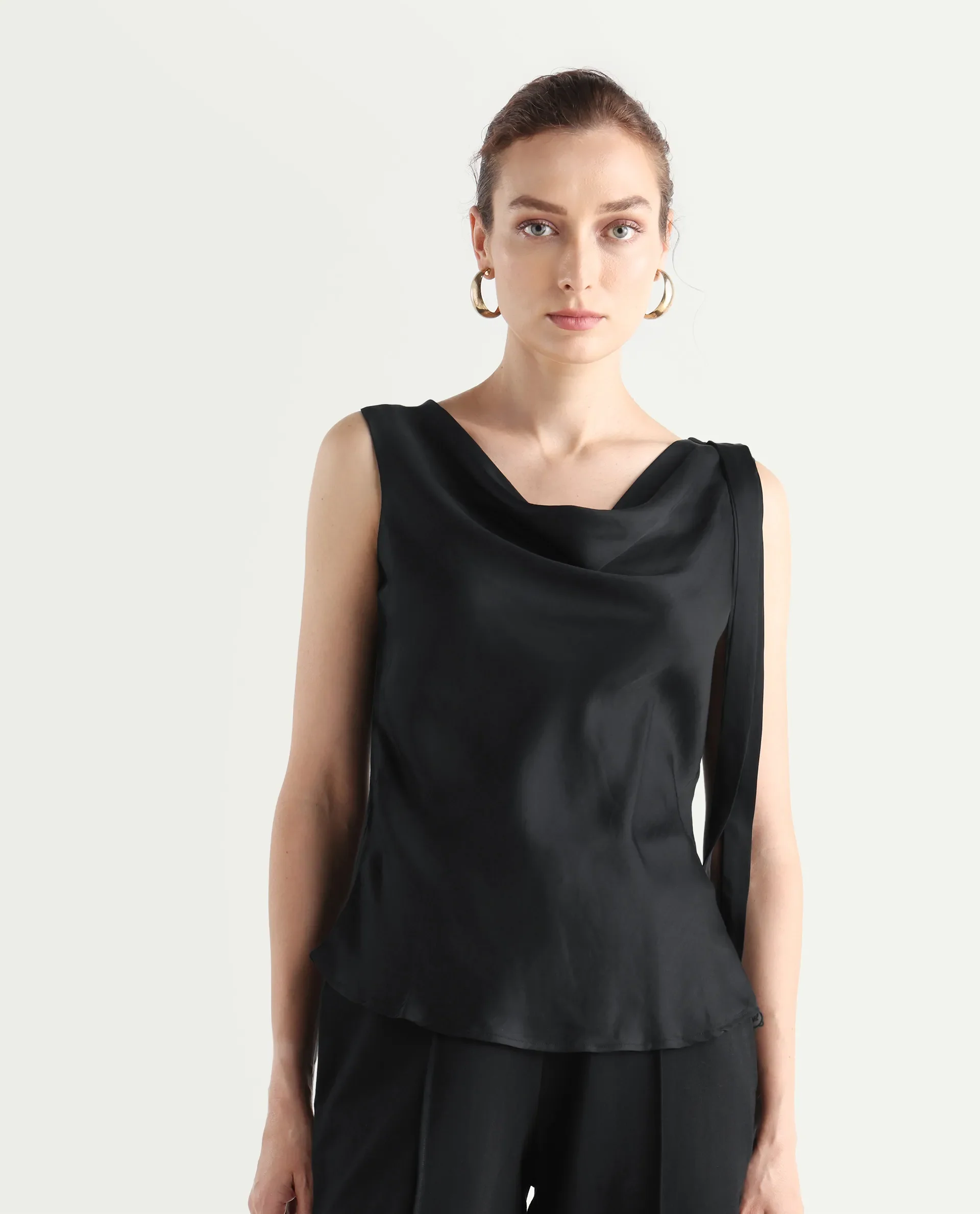 Rareism Women's Epuke Black Satin Boat Neck Plain Sleeveless Regular Fit Top - Image 3