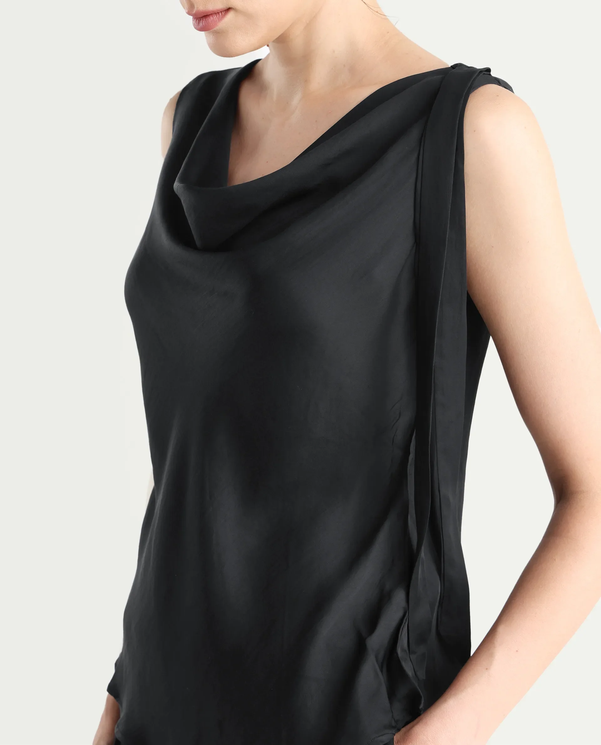 Rareism Women's Epuke Black Satin Boat Neck Plain Sleeveless Regular Fit Top - Image 4