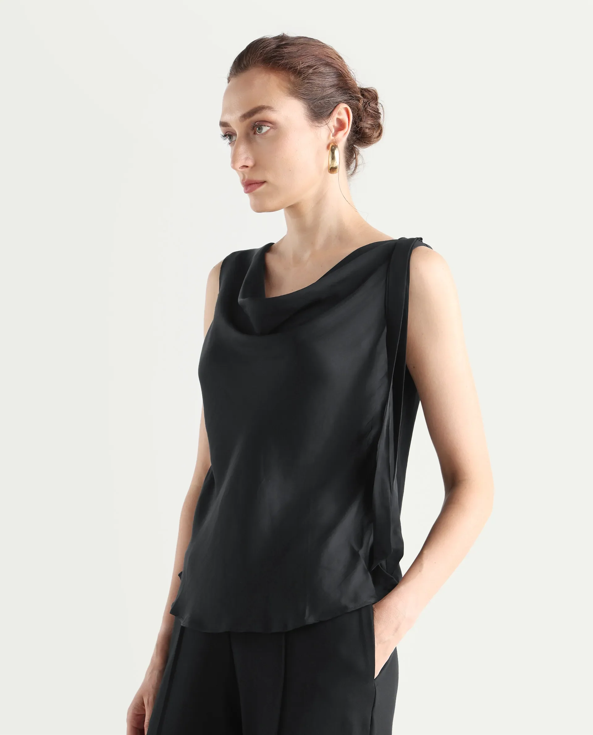 Rareism Women's Epuke Black Satin Boat Neck Plain Sleeveless Regular Fit Top - Image 5