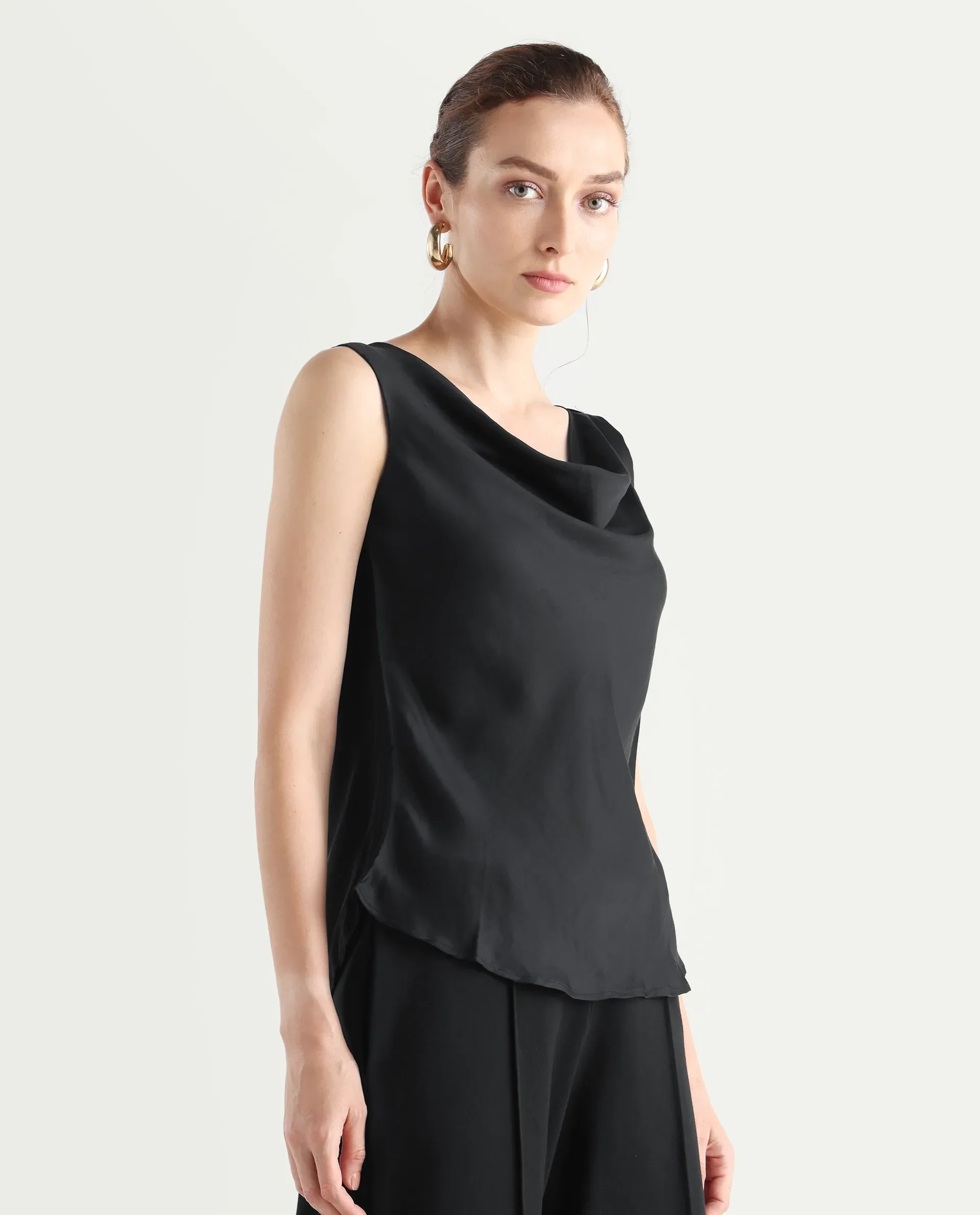 Rareism Women's Epuke Black Satin Boat Neck Plain Sleeveless Regular Fit Top - Image 6