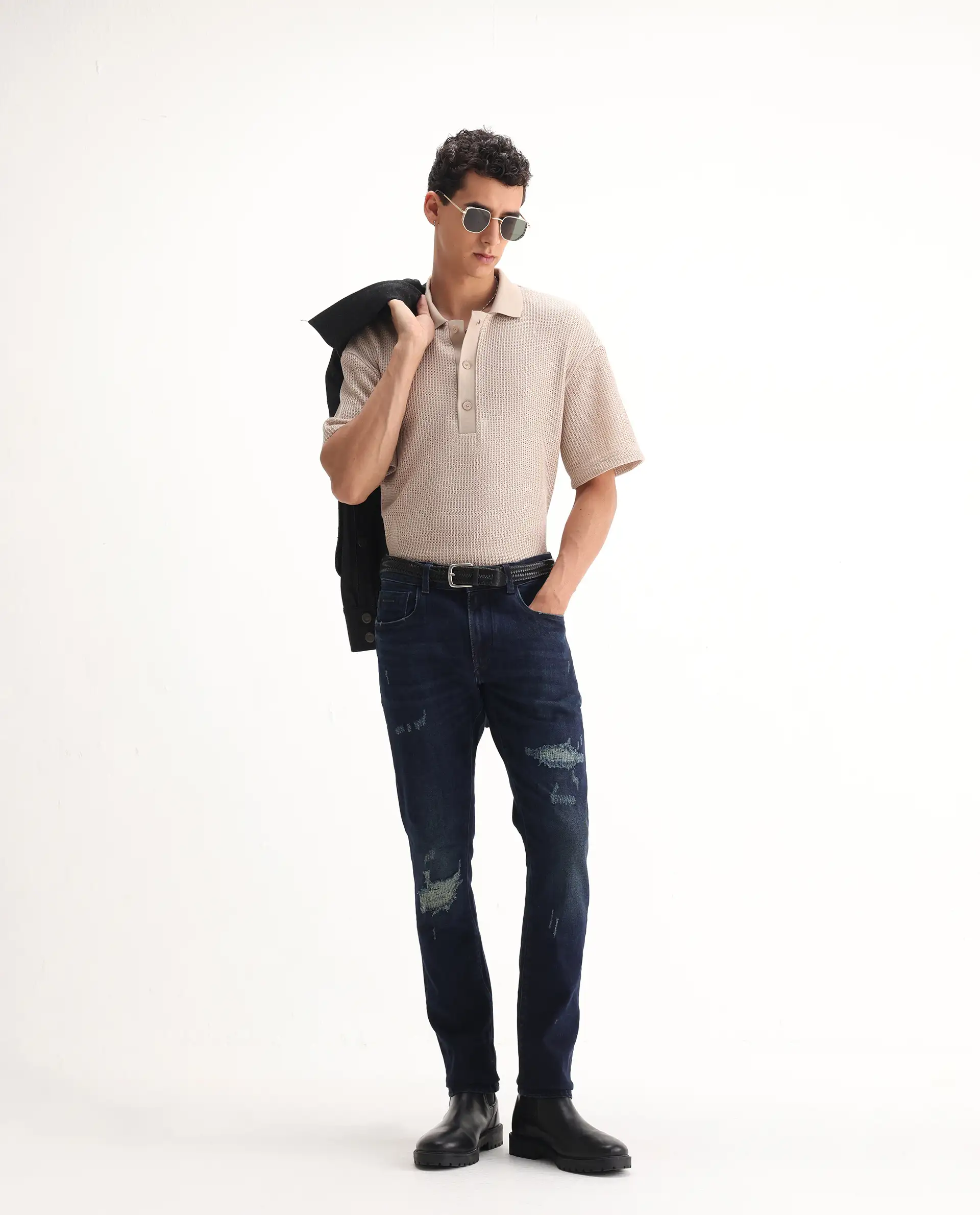 Rare Rabbit Men's Erie Dusky Blue Cotton Blend Plain Hawk Slim Fit Jeans