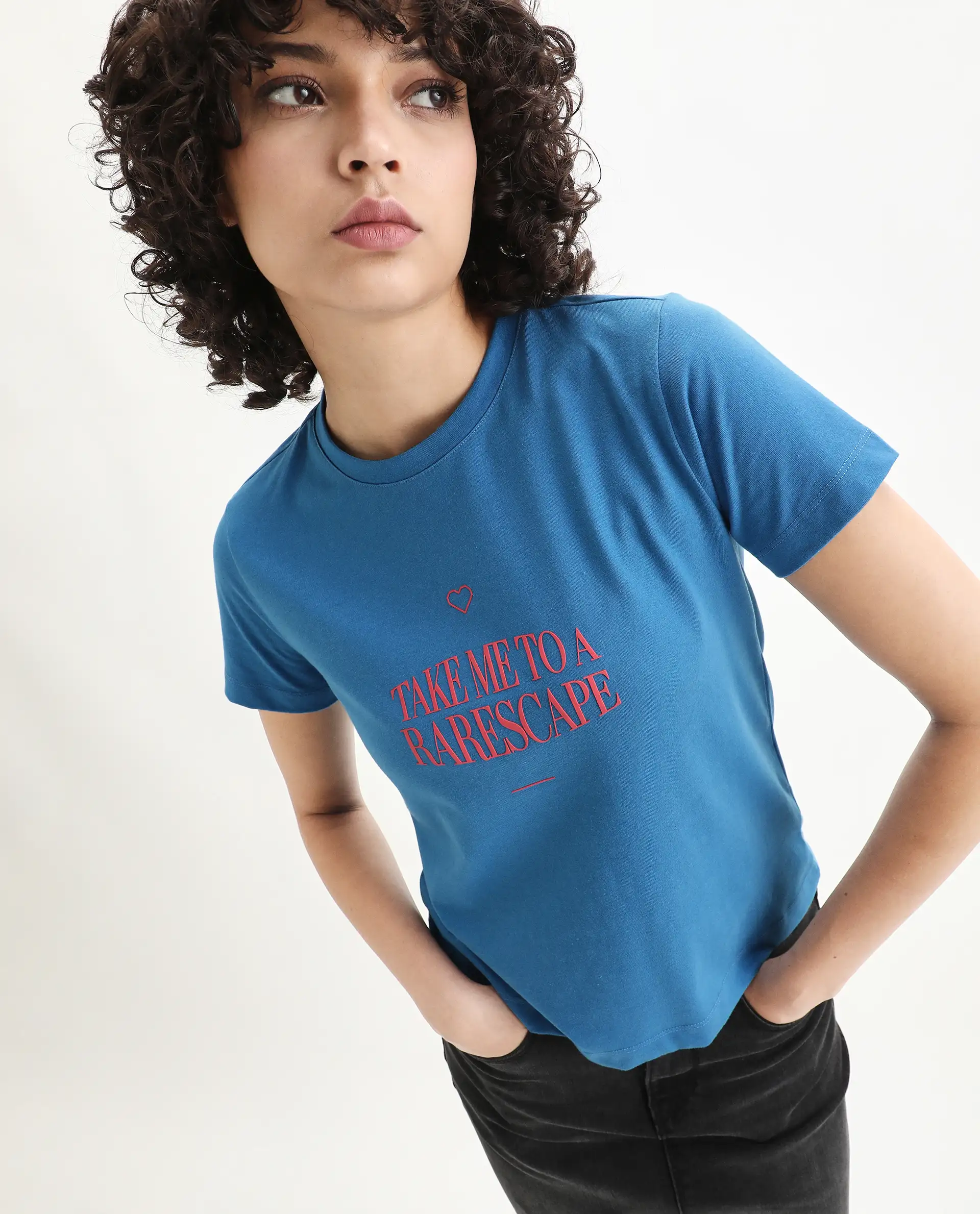 Rareism Women's Erin Blue Cotton Blend Crew Neck Graphic Print Regular Fit T-Shirt