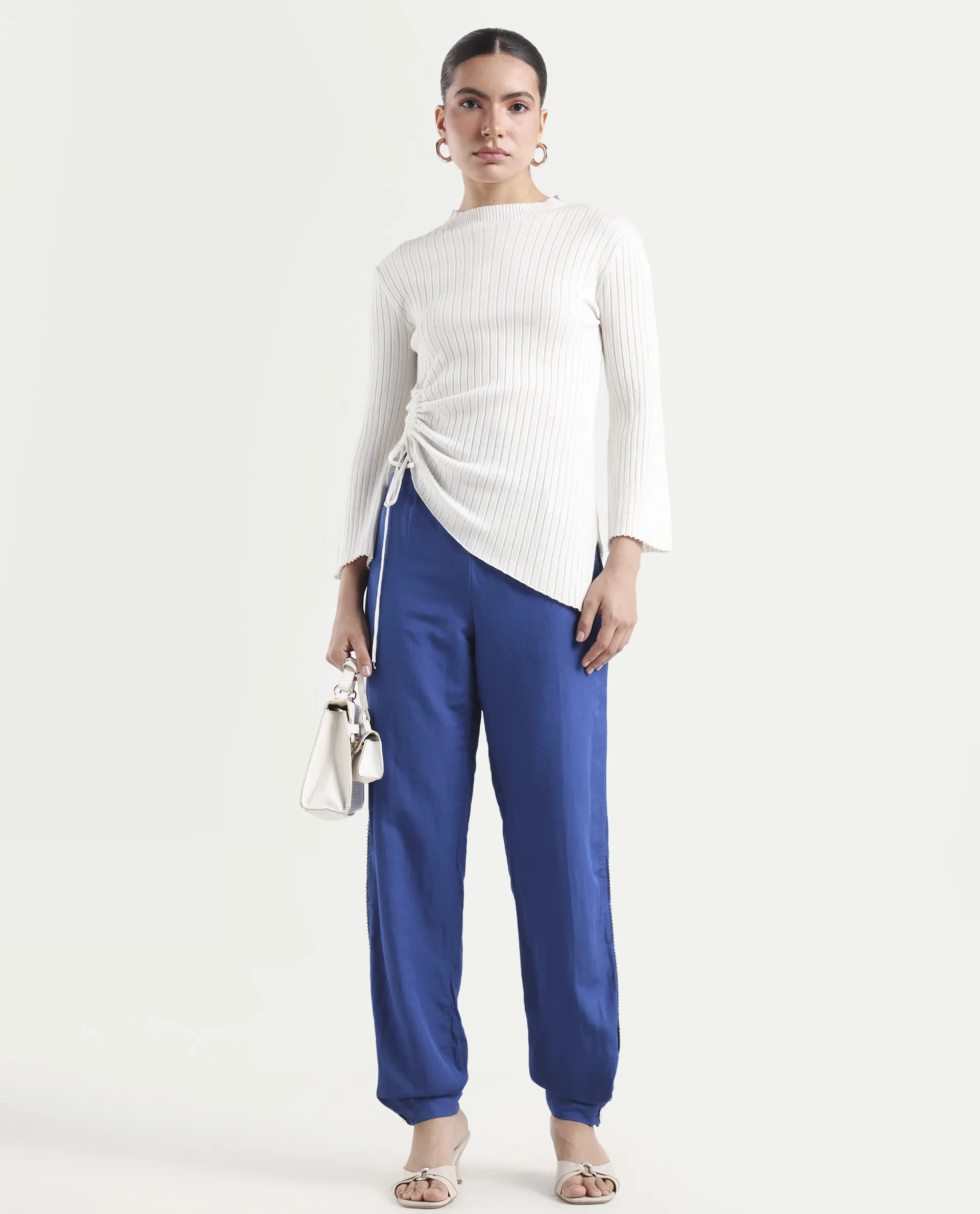 Rareism Women's Erin Blue Cotton Linen Plain Ankle Length Tailored Trouser