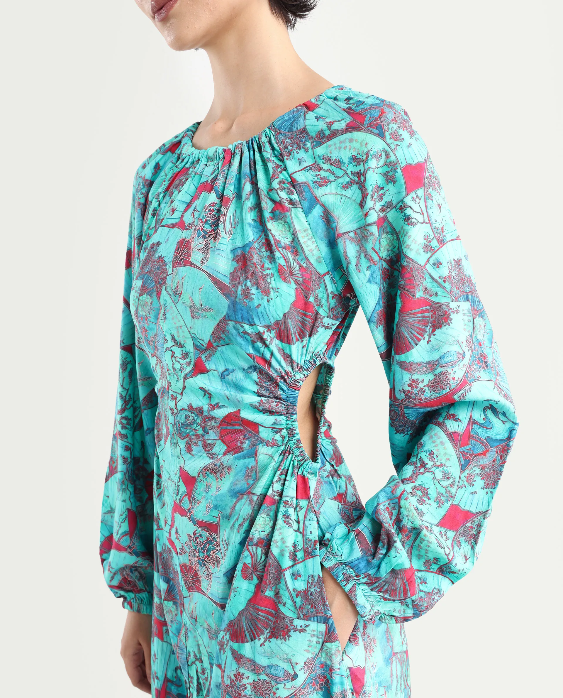 Rareism Women's Viscose Crew Neck Abstract Print Puff Sleeves Maxi A-Line Dress