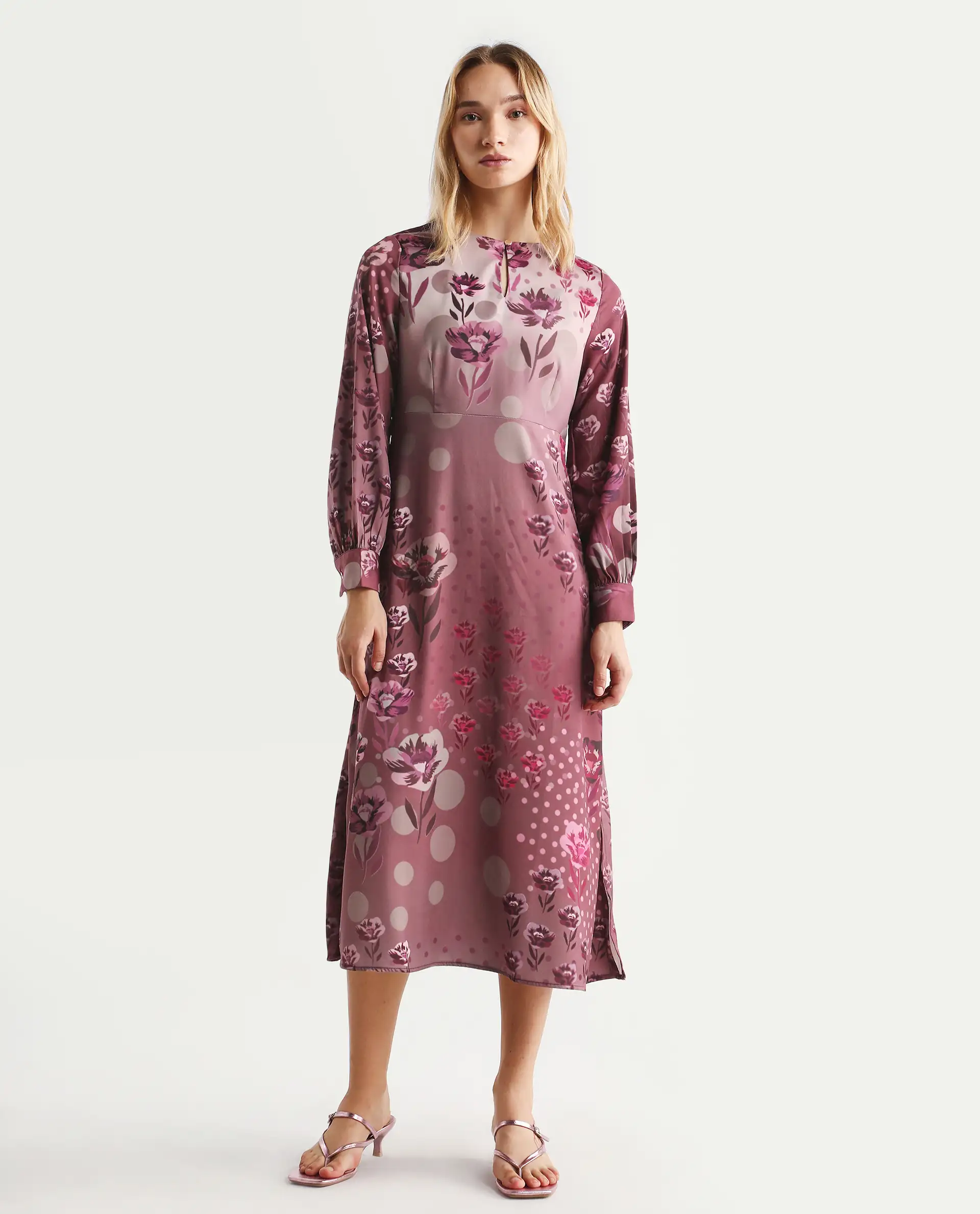 Rareism Women's Erzincan Multi Satin Crew Neck Floral Print Cuffed Sleeve Maxi A-Line Dress - Image 2