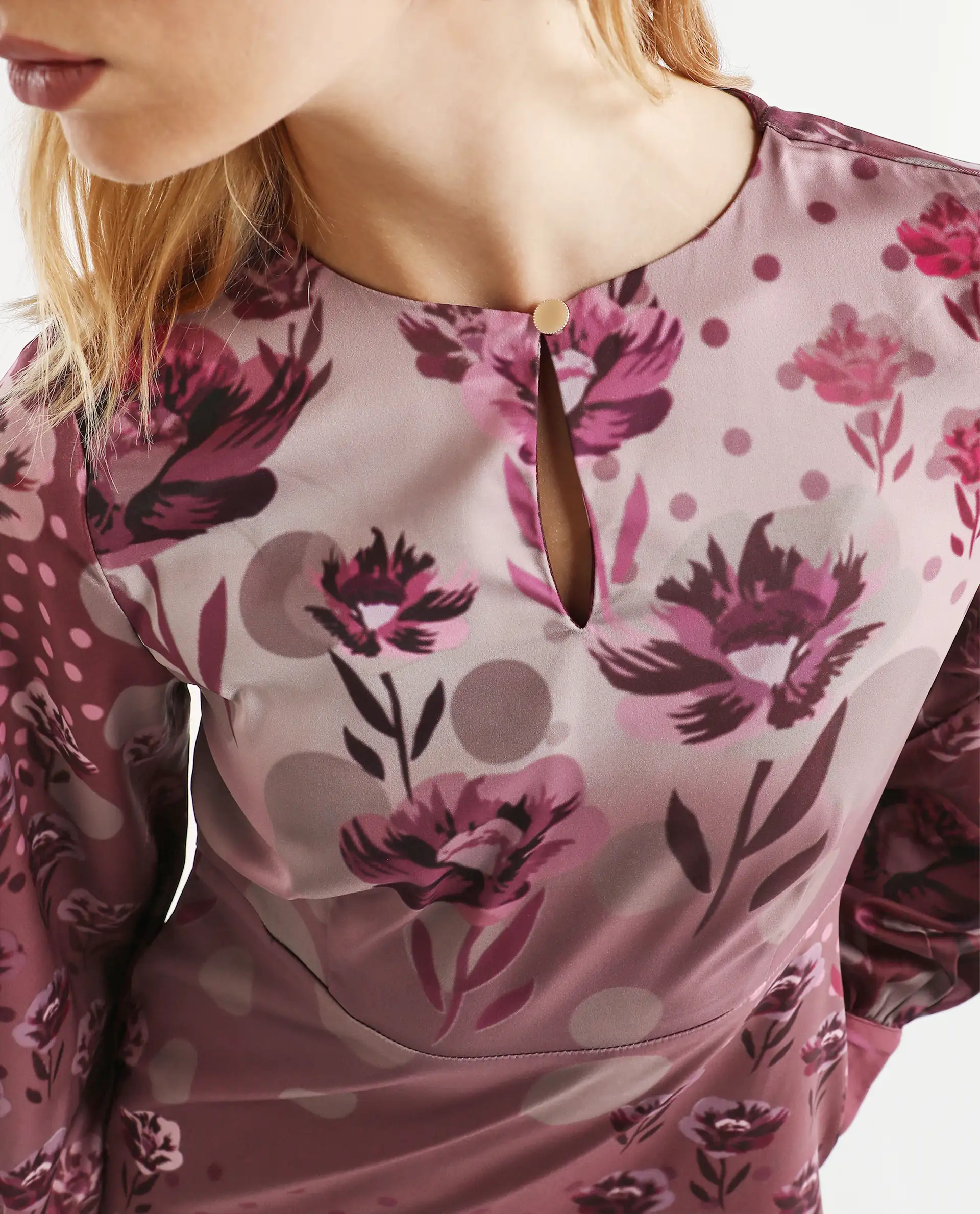 Rareism Women's Erzincan Multi Satin Crew Neck Floral Print Cuffed Sleeve Maxi A-Line Dress - Image 3
