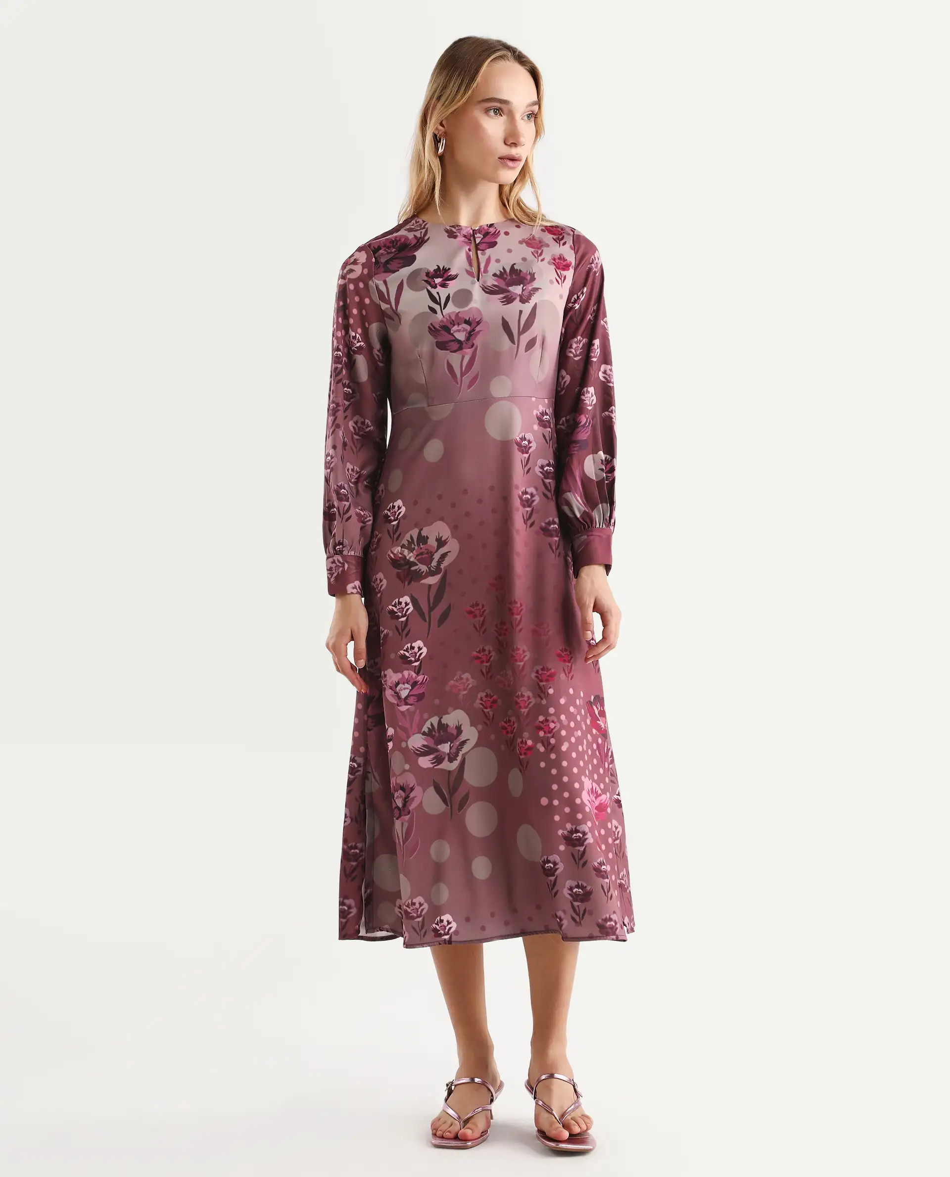 Rareism Women's Erzincan Multi Satin Crew Neck Floral Print Cuffed Sleeve Maxi A-Line Dress - Image 4