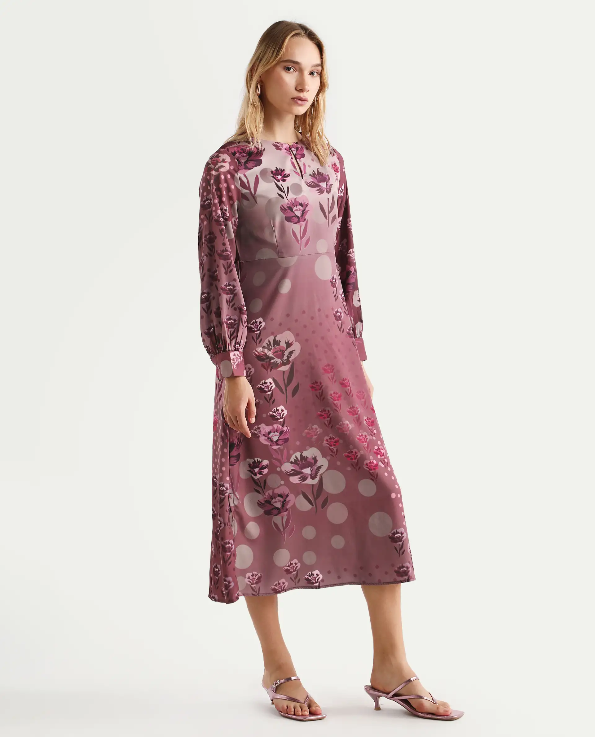 Rareism Women's Erzincan Multi Satin Crew Neck Floral Print Cuffed Sleeve Maxi A-Line Dress - Image 5