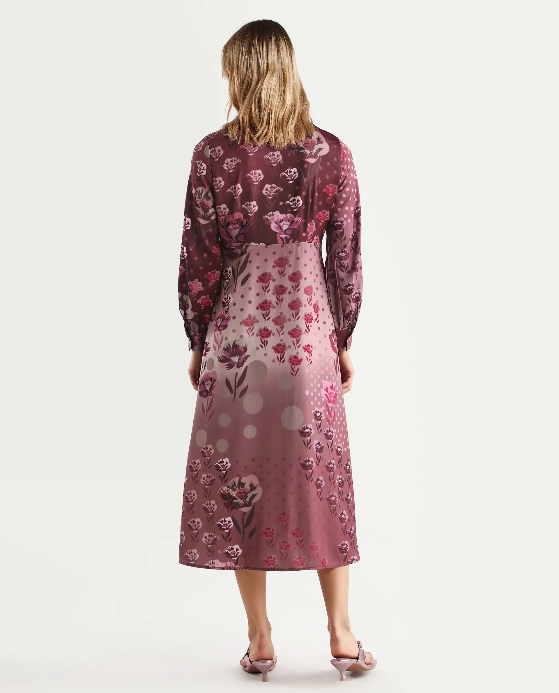 Rareism Women's Erzincan Multi Satin Crew Neck Floral Print Cuffed Sleeve Maxi A-Line Dress - Image 6