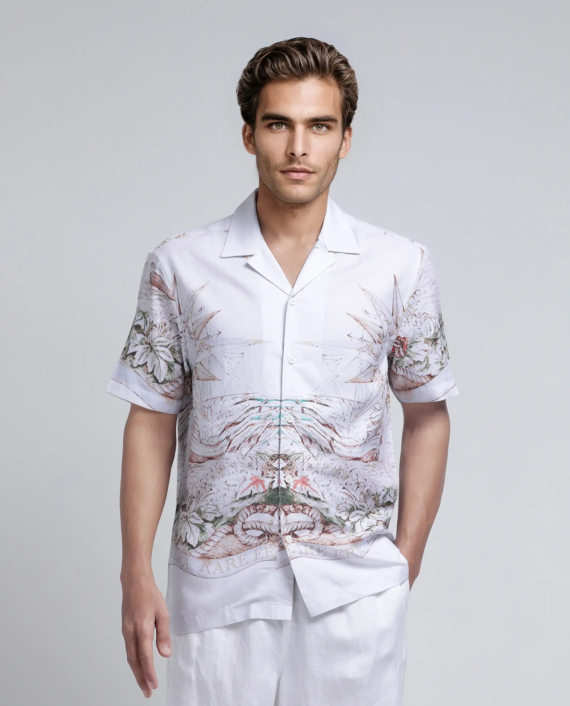 Rare Rabbit Men's Ethan Blue Cotton Blend Decorative Print Relaxed Fit Half Sleeve Cuban Collar Shirt - Image 2