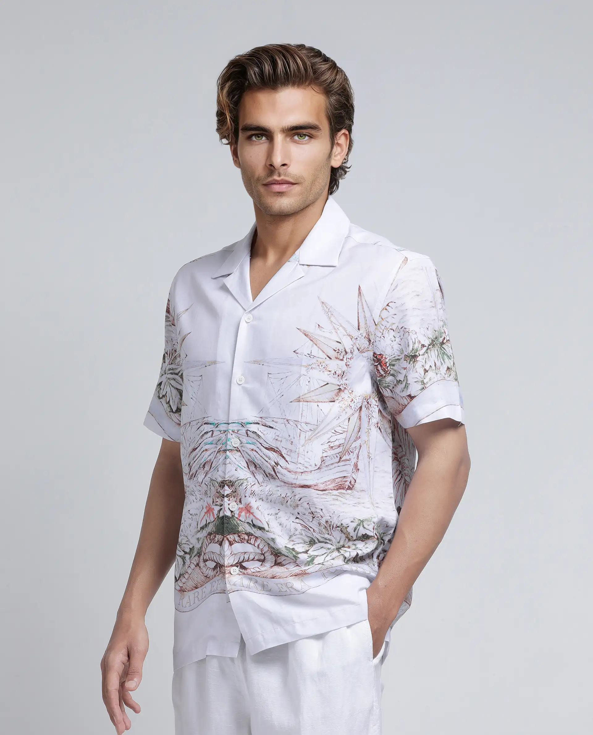 Rare Rabbit Men's Ethan Blue Cotton Blend Decorative Print Relaxed Fit Half Sleeve Cuban Collar Shirt - Image 6