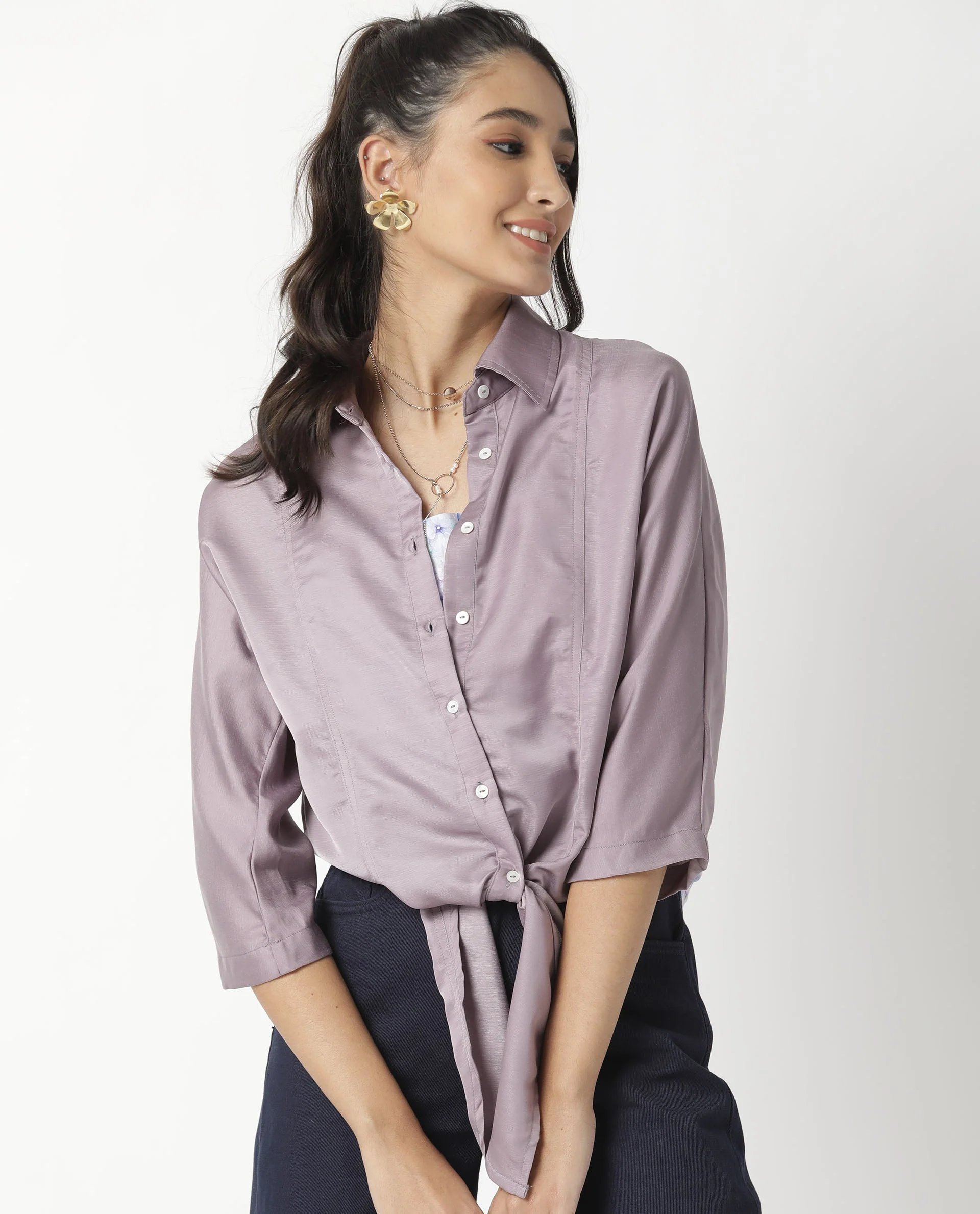 Rareism Women's Euro Purple Polyester Spread Collar Plain Tailored Top