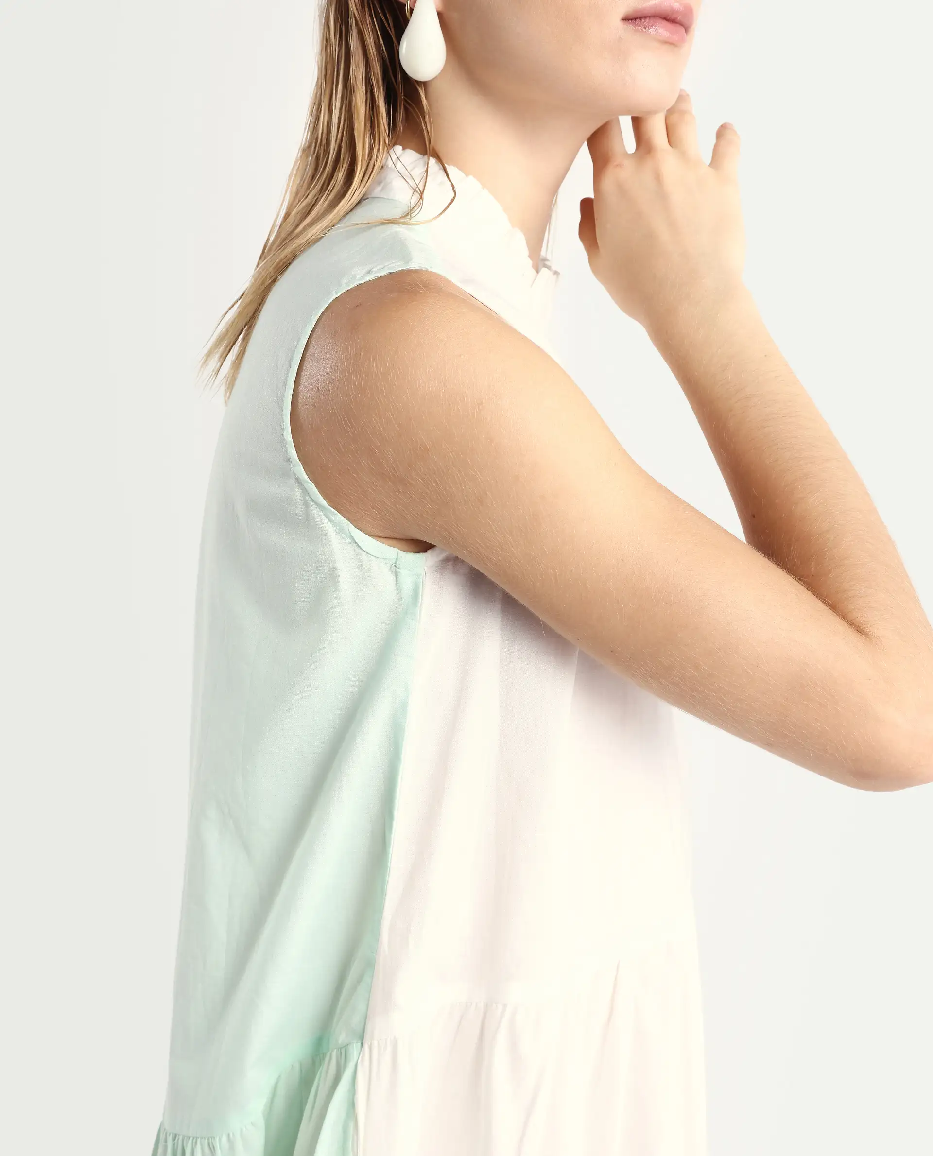 Rareism Women's Exam Green Cotton Sweetheart Neck Color Block Sleeveless Knee Length Regular Fit Dress - Image 4