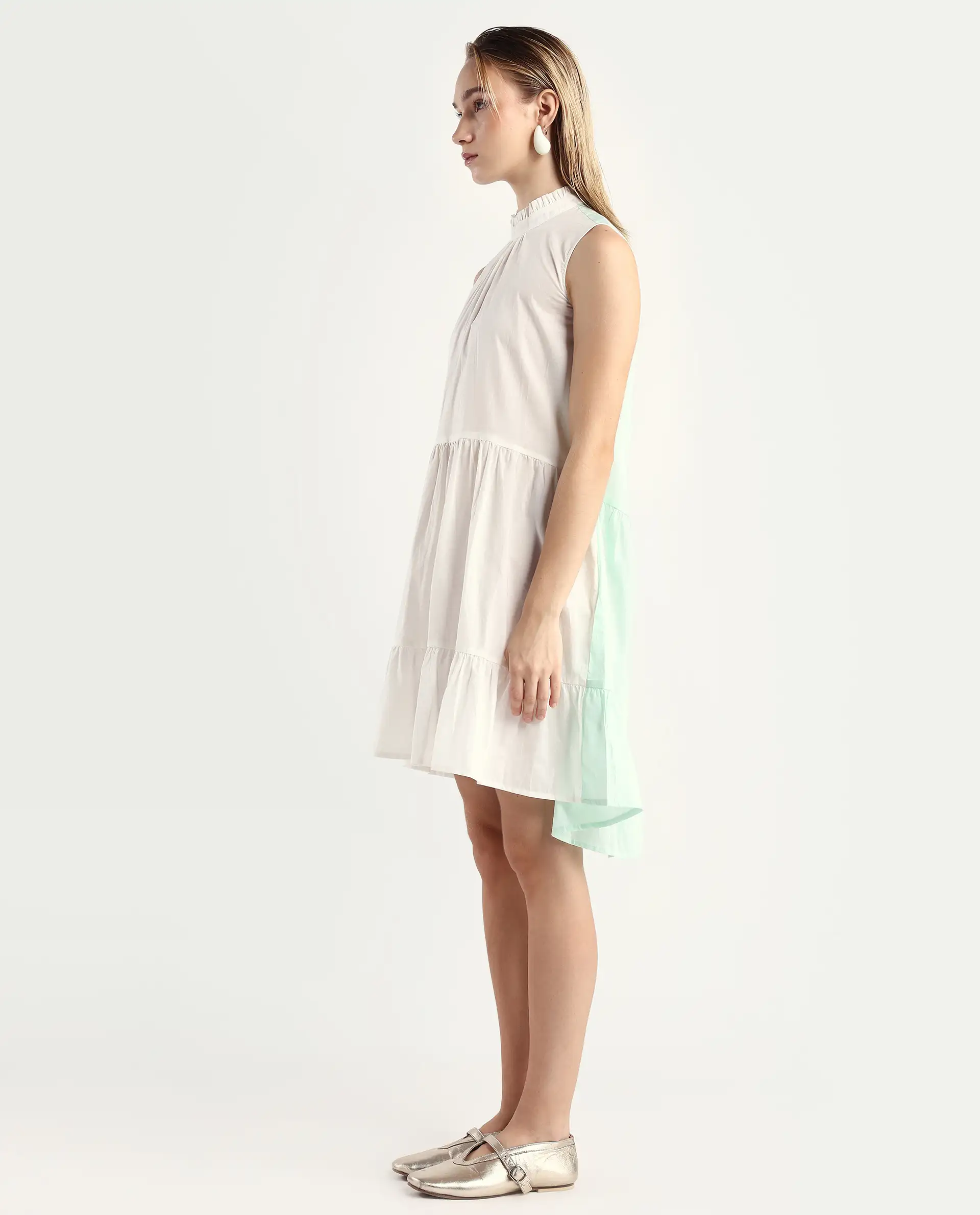 Rareism Women's Exam Green Cotton Sweetheart Neck Color Block Sleeveless Knee Length Regular Fit Dress - Image 6